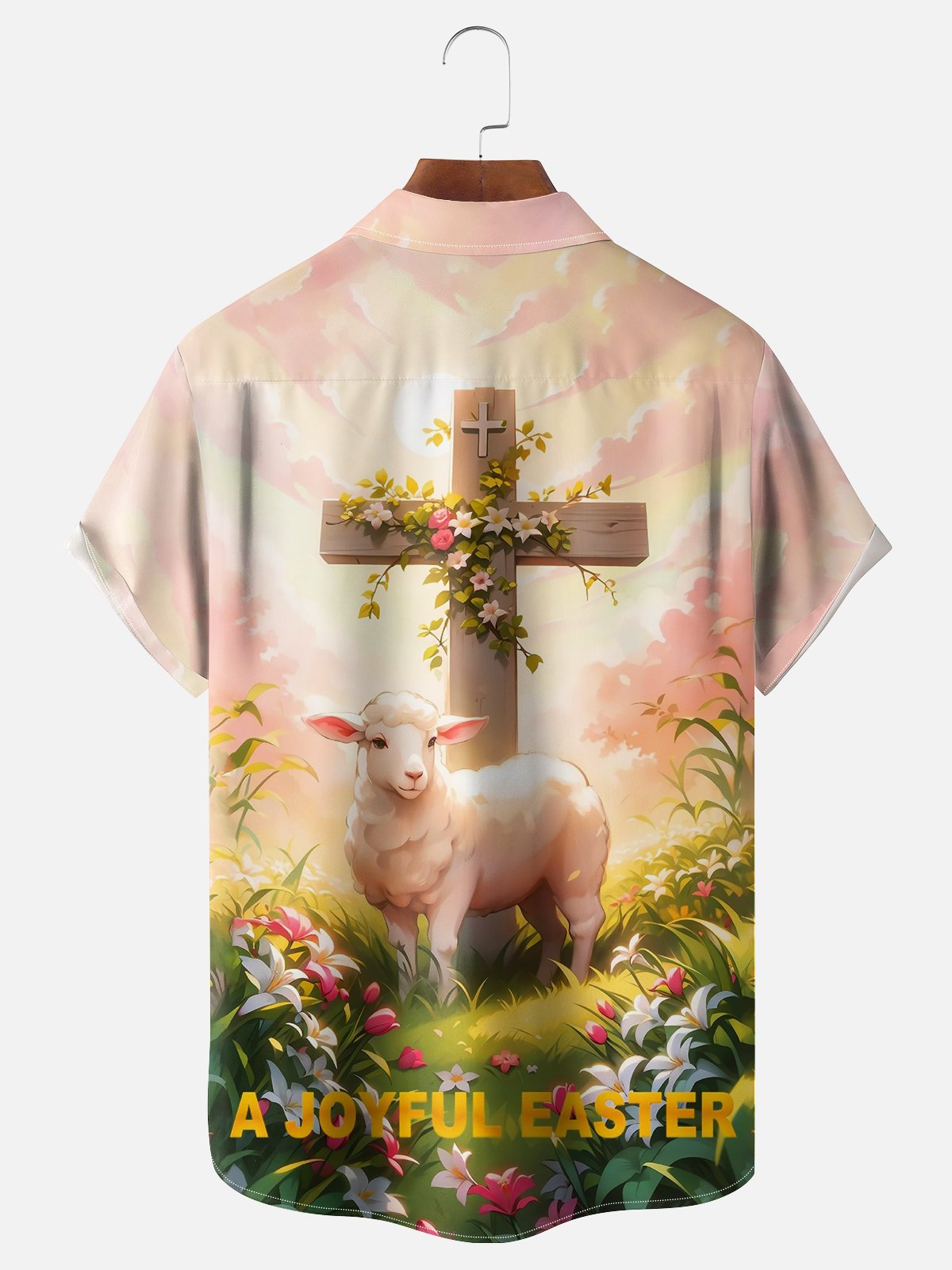 Moisture-wicking A Joyful Easter Sheep Cross Flowers Chest Pocket Casual Shirt