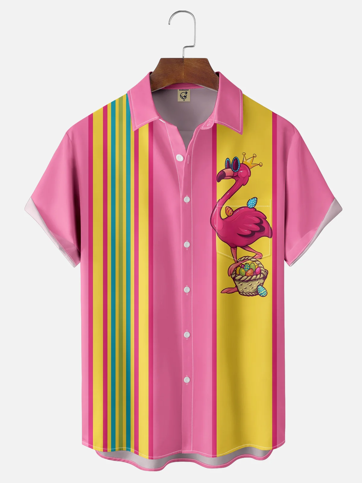 Moisture-wicking Happy Easter Flamingo Egg Chest Pocket Bowling Shirt