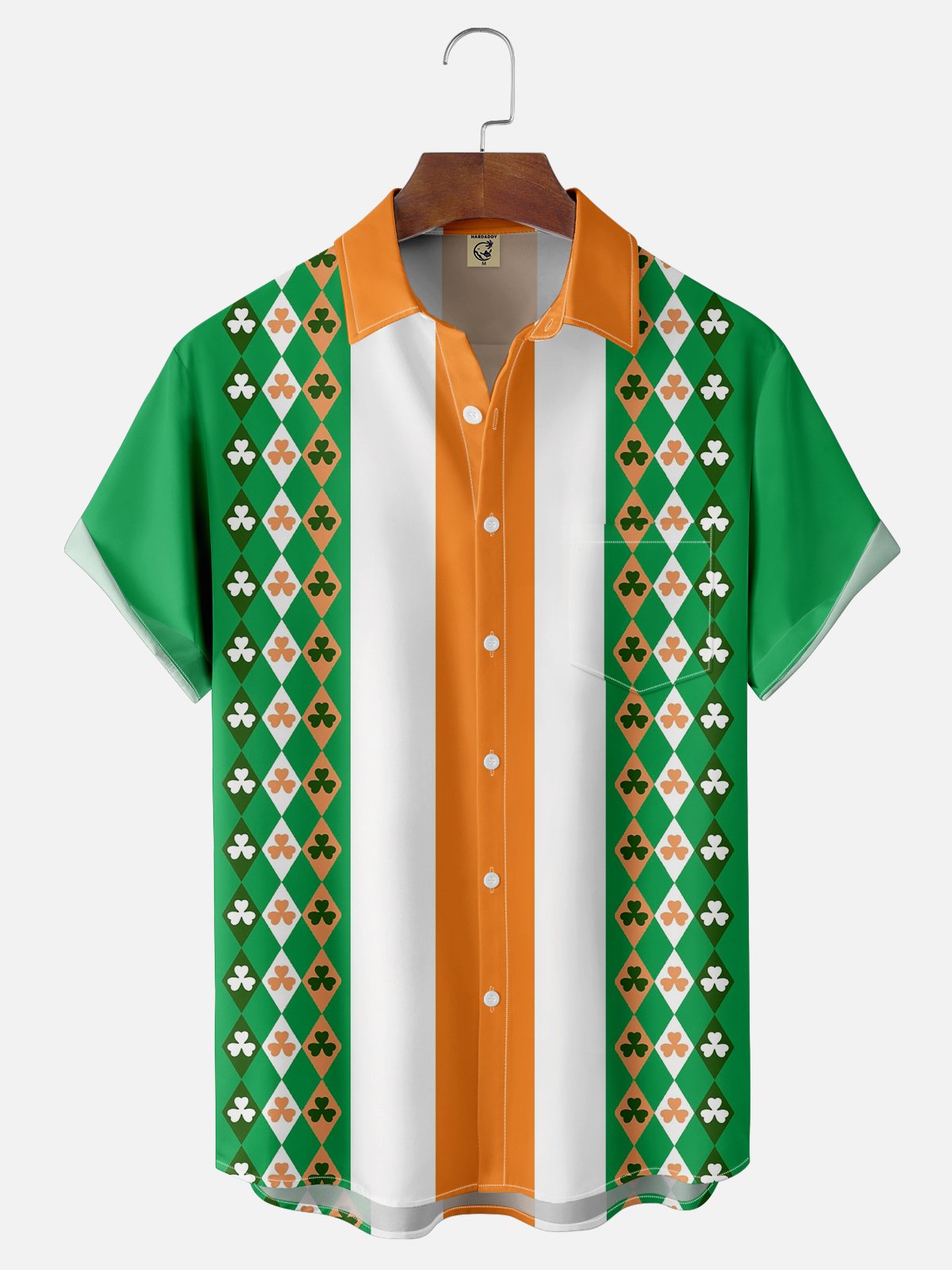 Moisture-wicking St. Patrick's Day Shamrock Stripe Diamond Chest Pocket Bowling Shirt