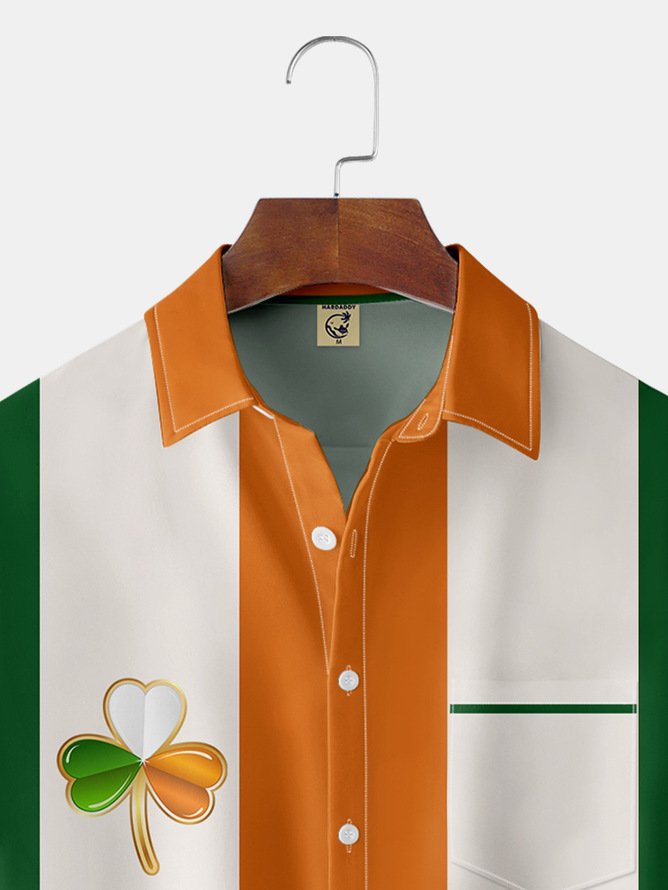 Tall Size Moisture-wicking Breathable Shamrock Chest Pocket Bowling Shirt