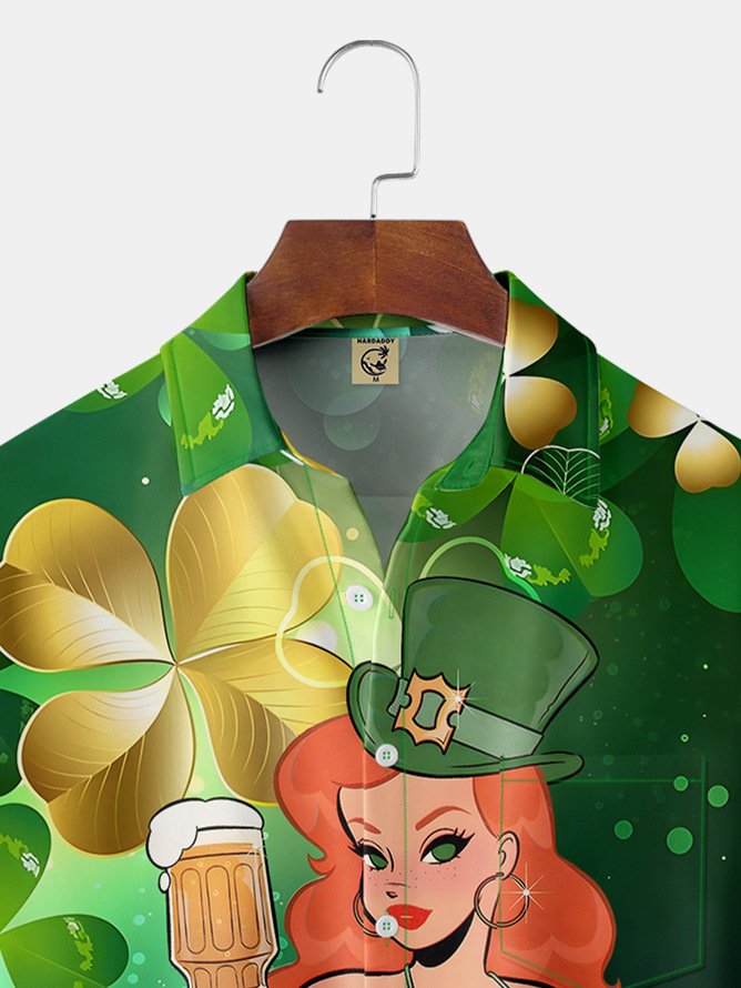 Tall Size Moisture-wicking Alice Meow St Patrick's Day Beauty Shamrock Chest Pocket Casual Shirt