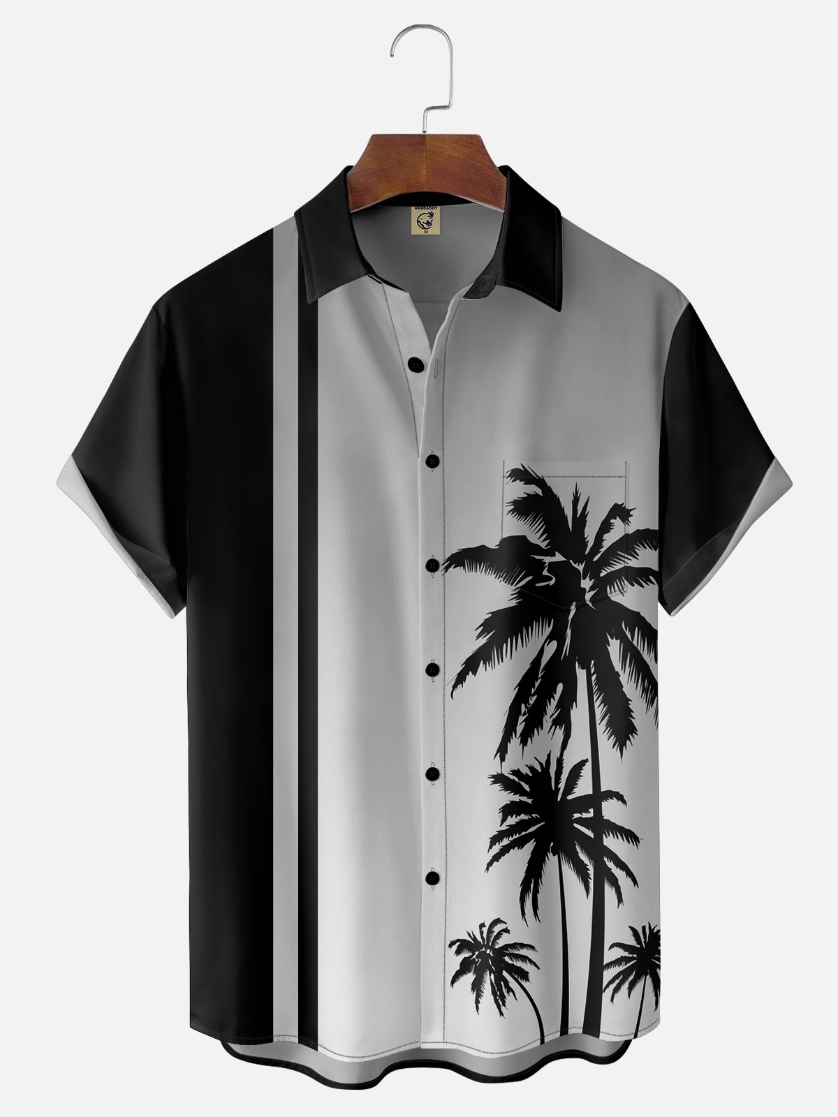 Moisture Wicking Striped Coconut Tree Chest Pocket Casual Bowling Shirt