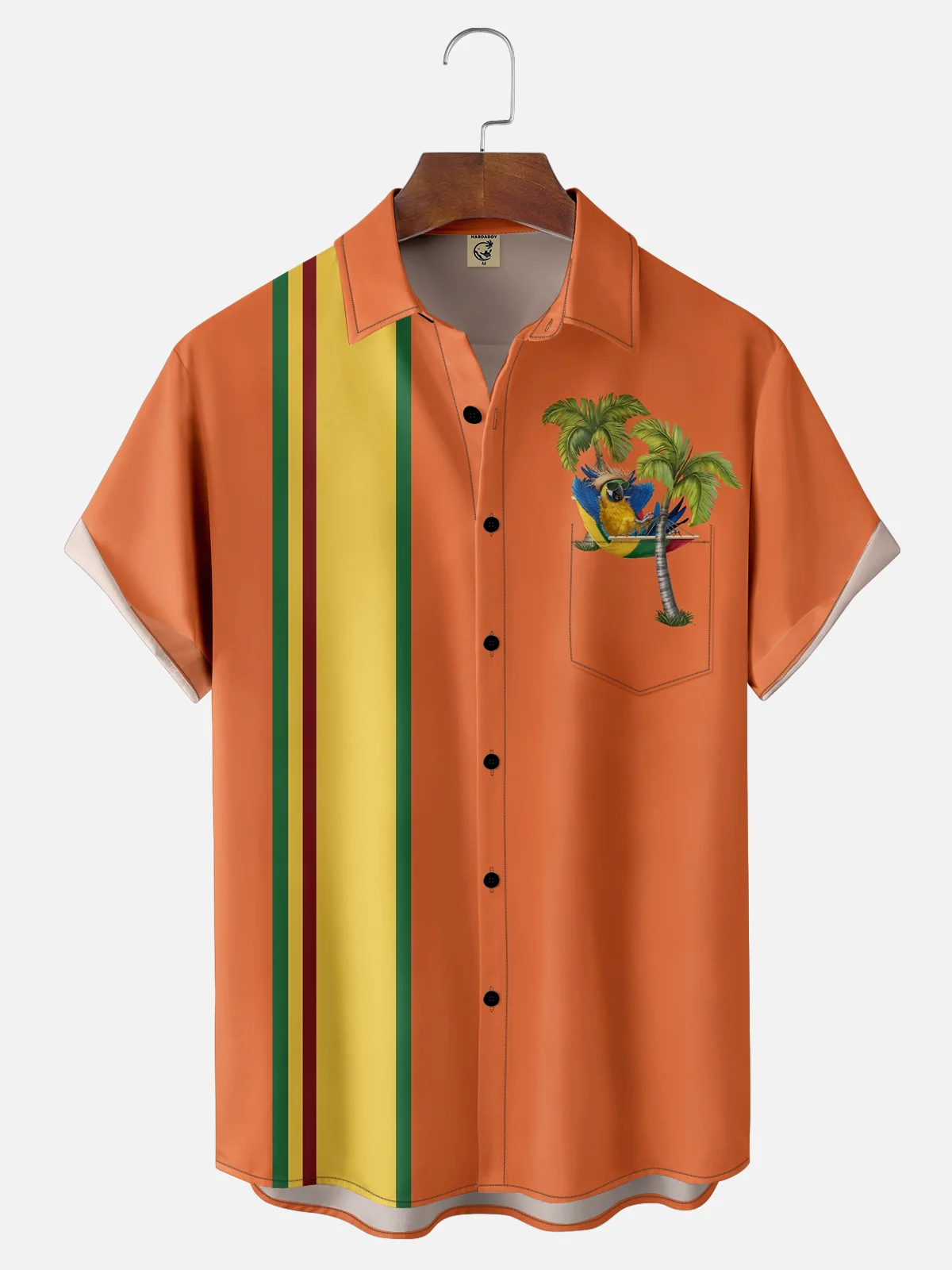 Moisture-wicking Parrot Coconut Tree Chest Pocket Bowling Shirt