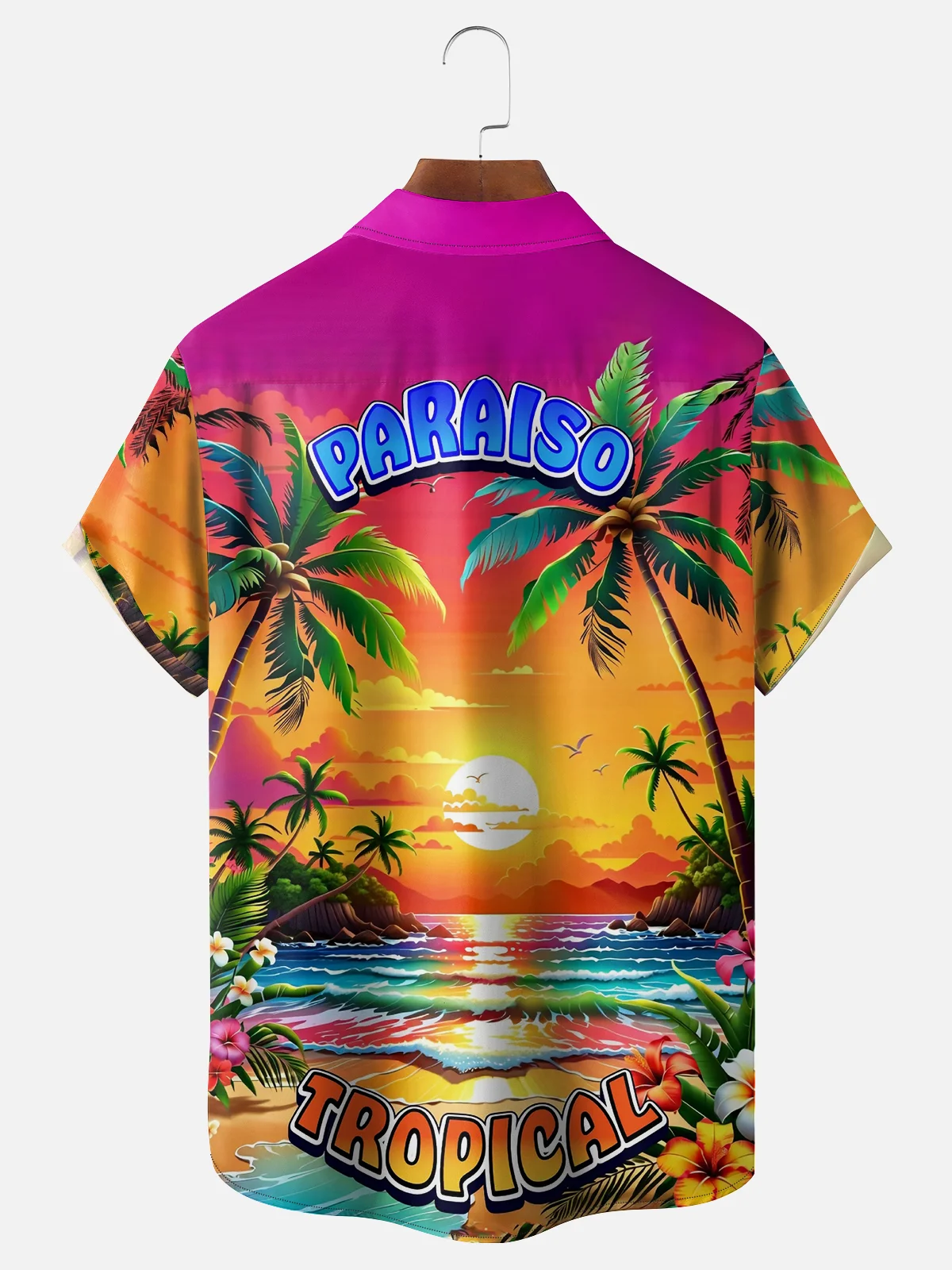 Moisture-wicking Paraiso Tropical Coconut Tree Beach Chest Pocket Hawaiian Shirt