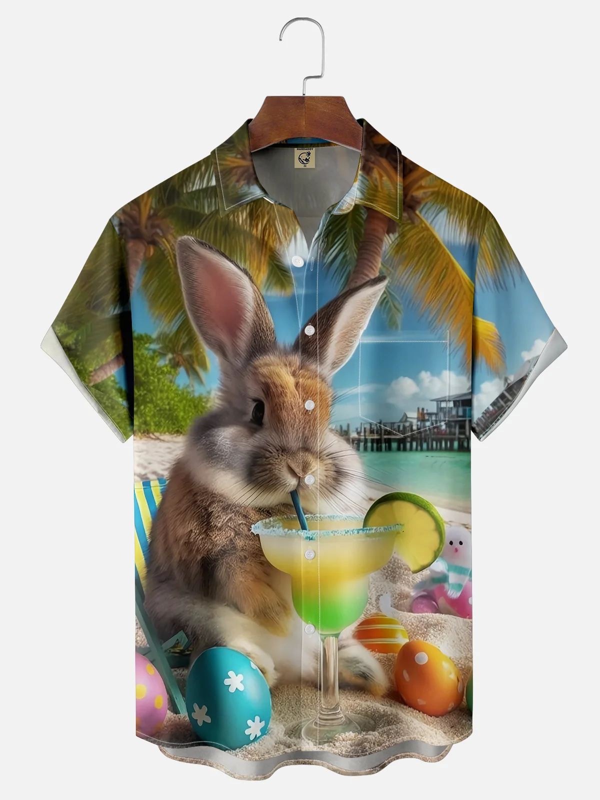 Moisture-wicking Happy Easter Bunny Beach Cocktail Chest Pocket Hawaiian Shirt