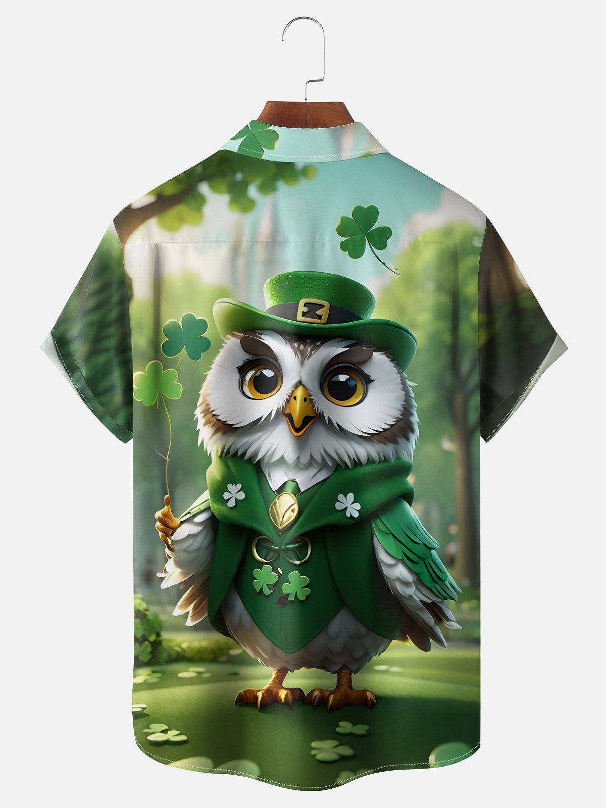 Moisture Wicking St. Patrick's Day Shamrock Owl Chest Pocket Hawaiian Shirt