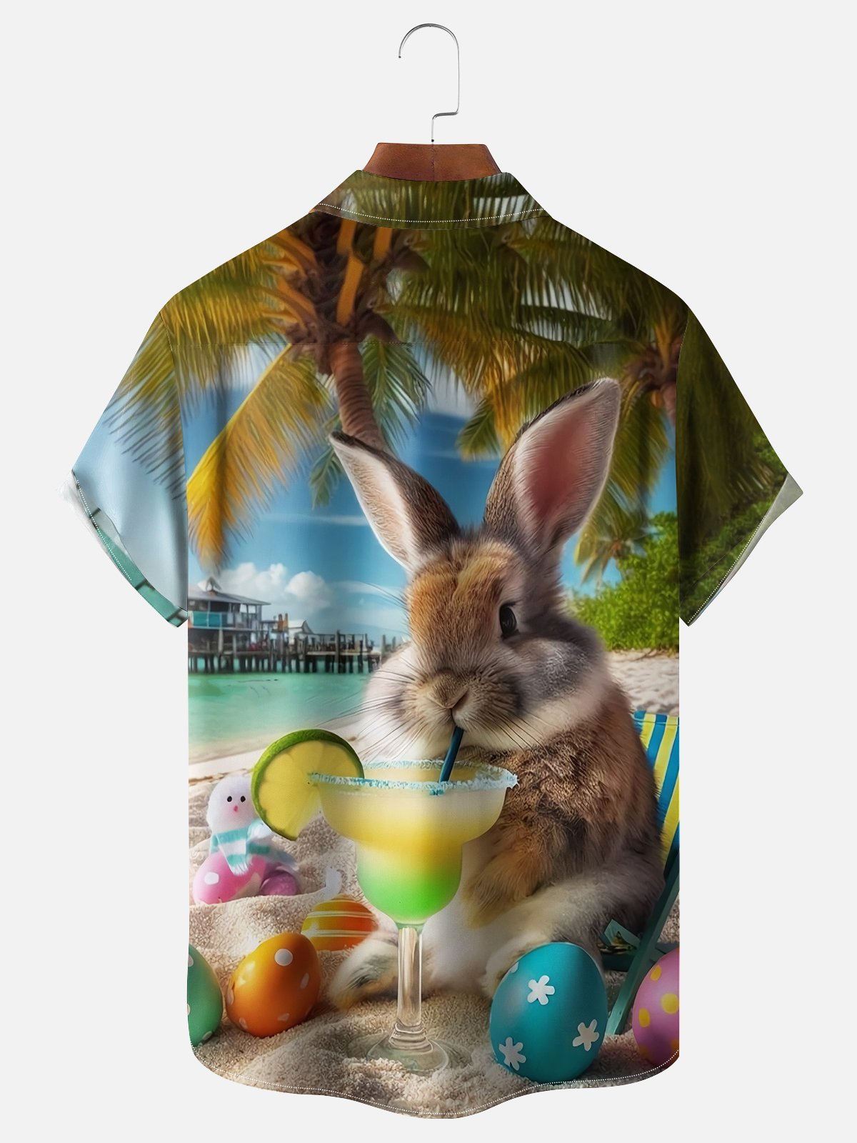 Moisture-wicking Happy Easter Bunny Beach Cocktail Chest Pocket Hawaiian Shirt