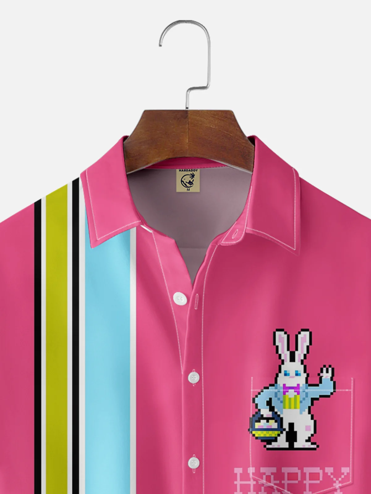 Moisture Wicking Striped Easter Bunny Egg Chest Pocket Bowling Shirt