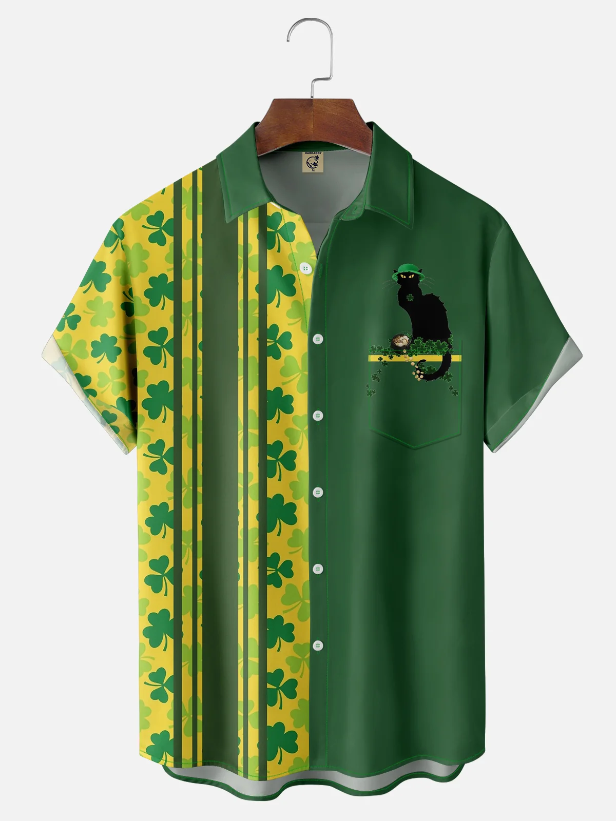 Moisture-wicking St. Patrick's Day Clover Cat Chest Pocket Bowling Shirt