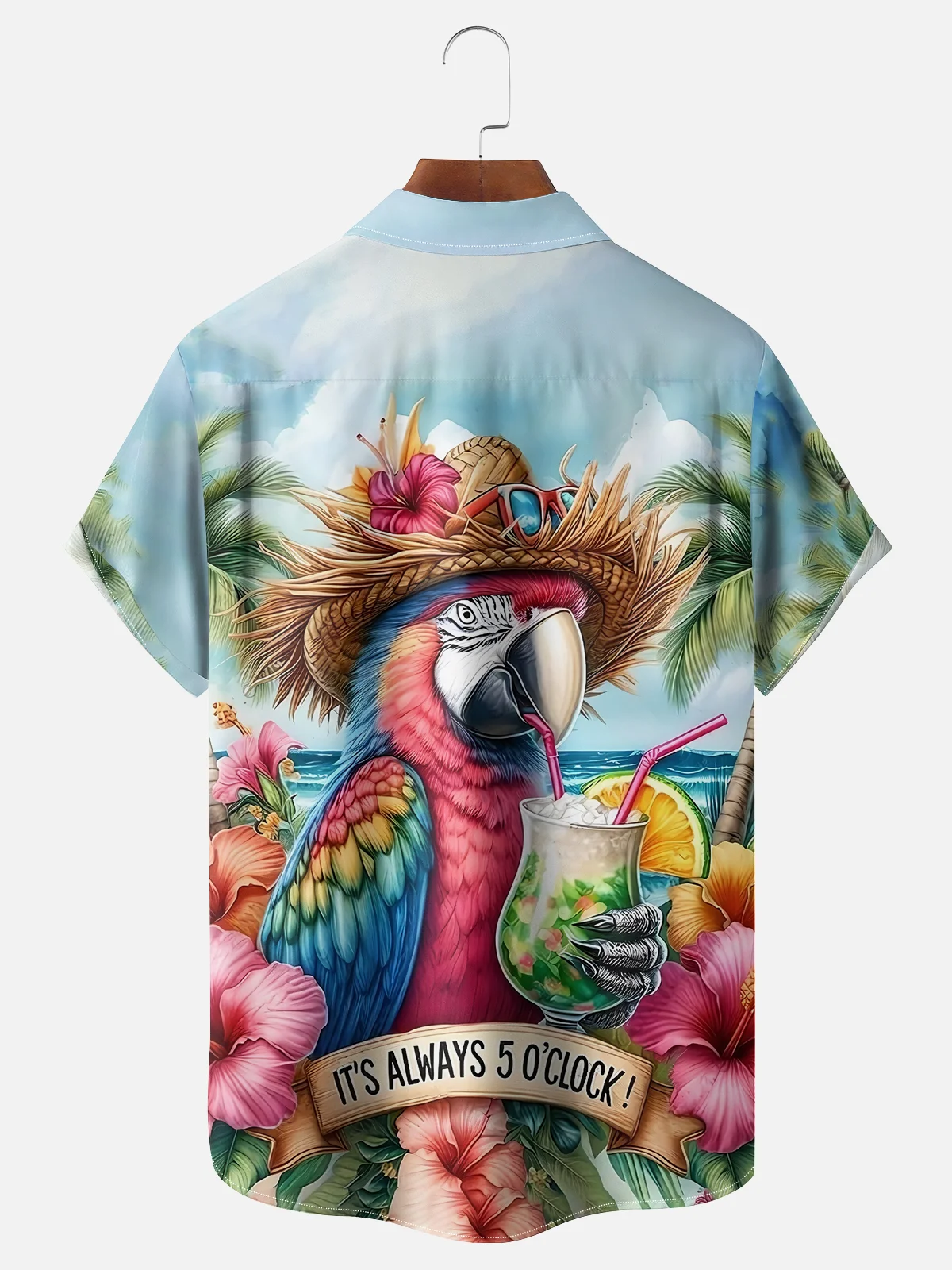 Moisture-wicking Parrot Art "It's Always 5 O'clock" Chest Pocket Hawaiian Shirt