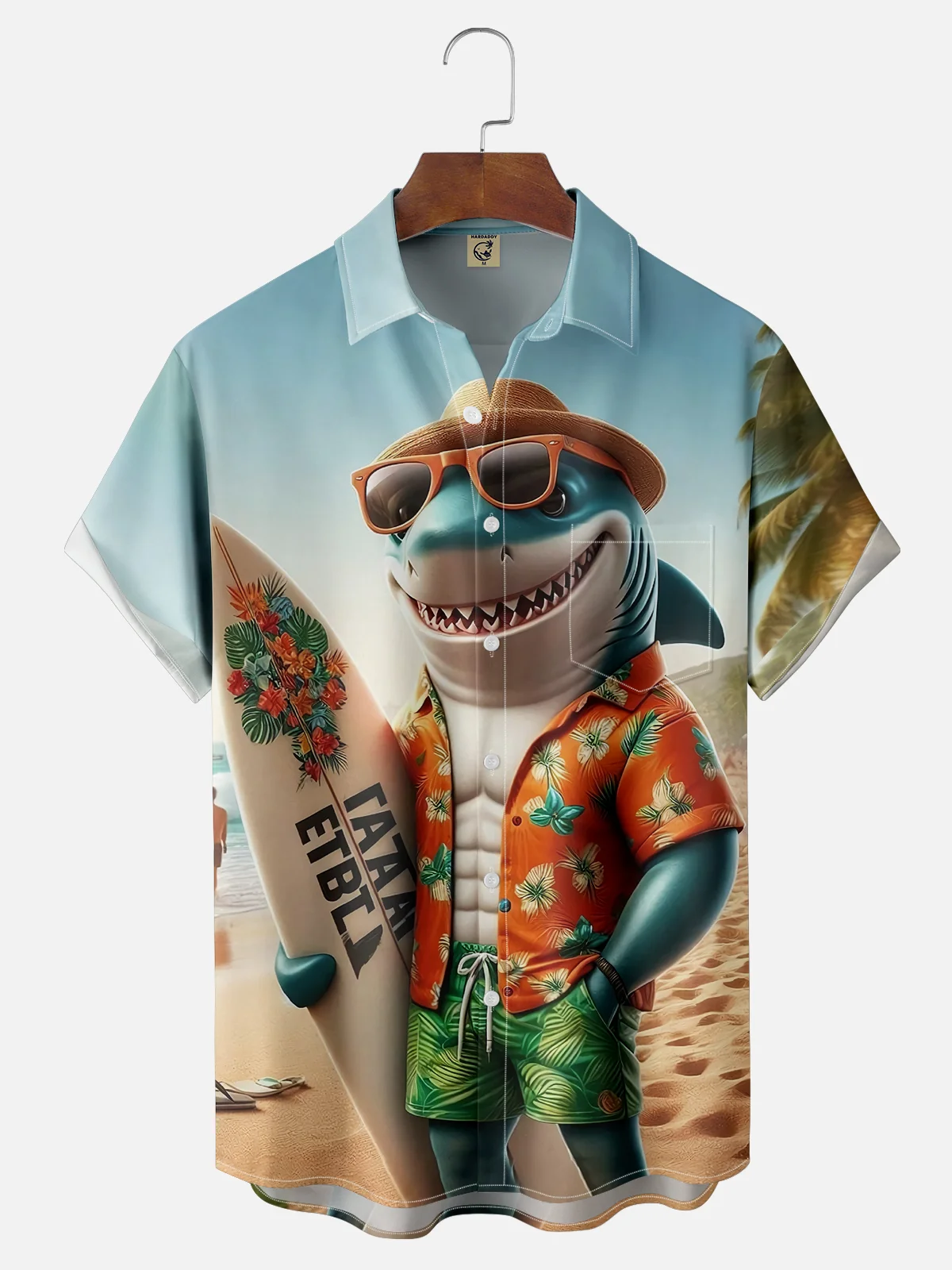 Moisture-wicking Shark Beach Surfer Chest Pocket Hawaiian Shirt