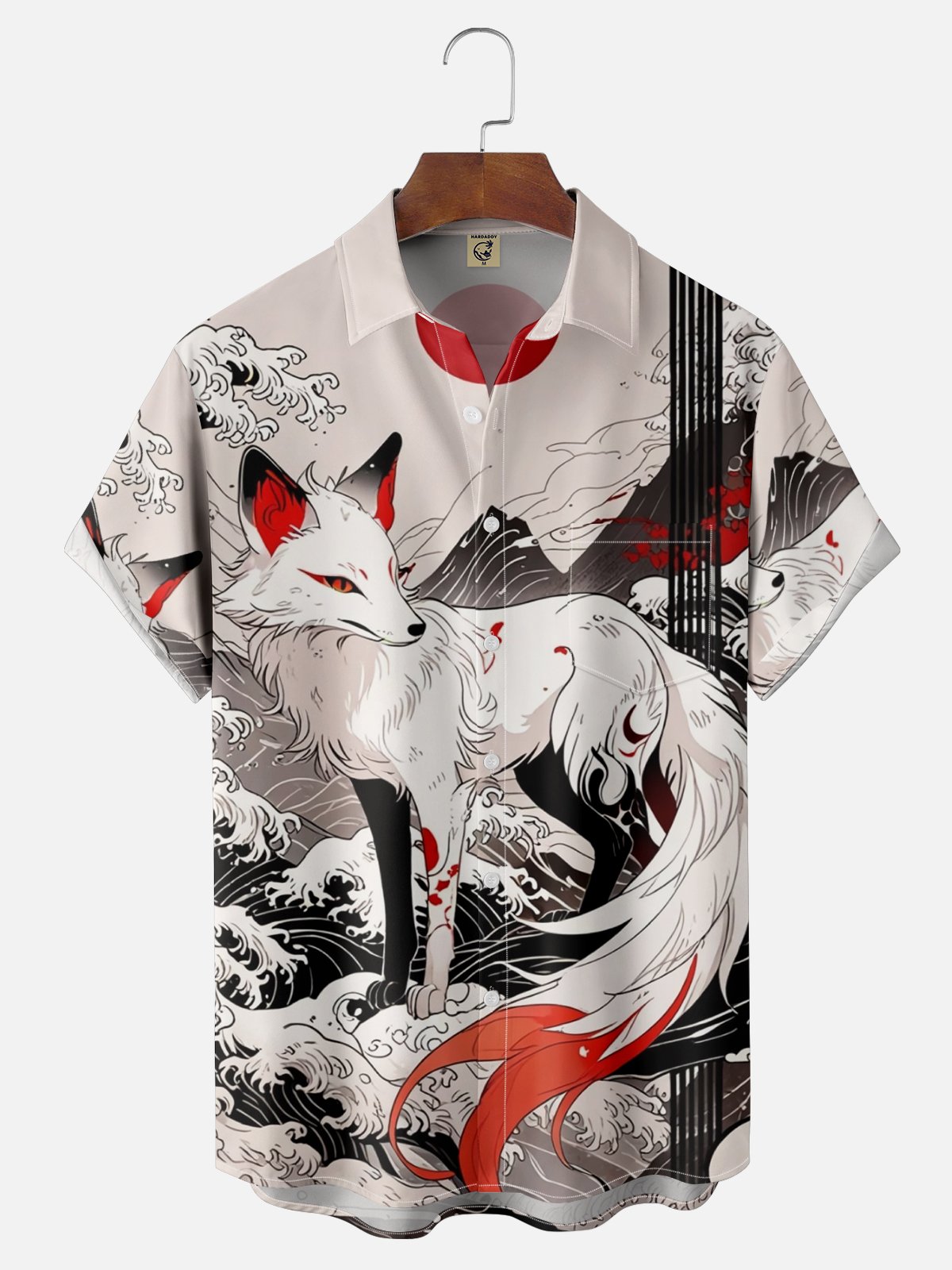 Moisture Wicking Ukiyo-e Wave Fox Chest Pocket Hawaiian Shirt