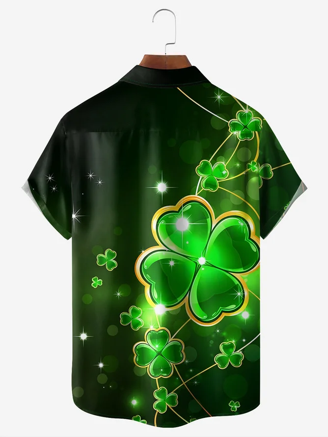 Tall Size Moisture-wicking St Patrick‘s Day Clover Chest Pocket Hawaiian Shirt