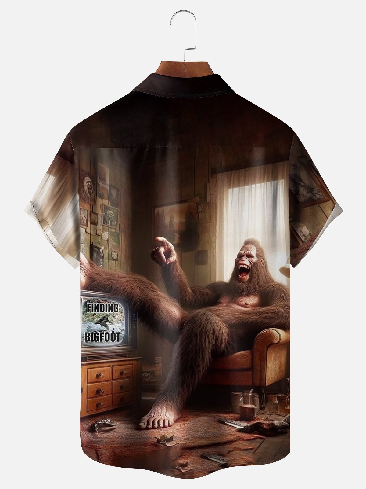 Moisture-wicking Bigfoot Watching TV Chest Pocket Hawaiian Shirt