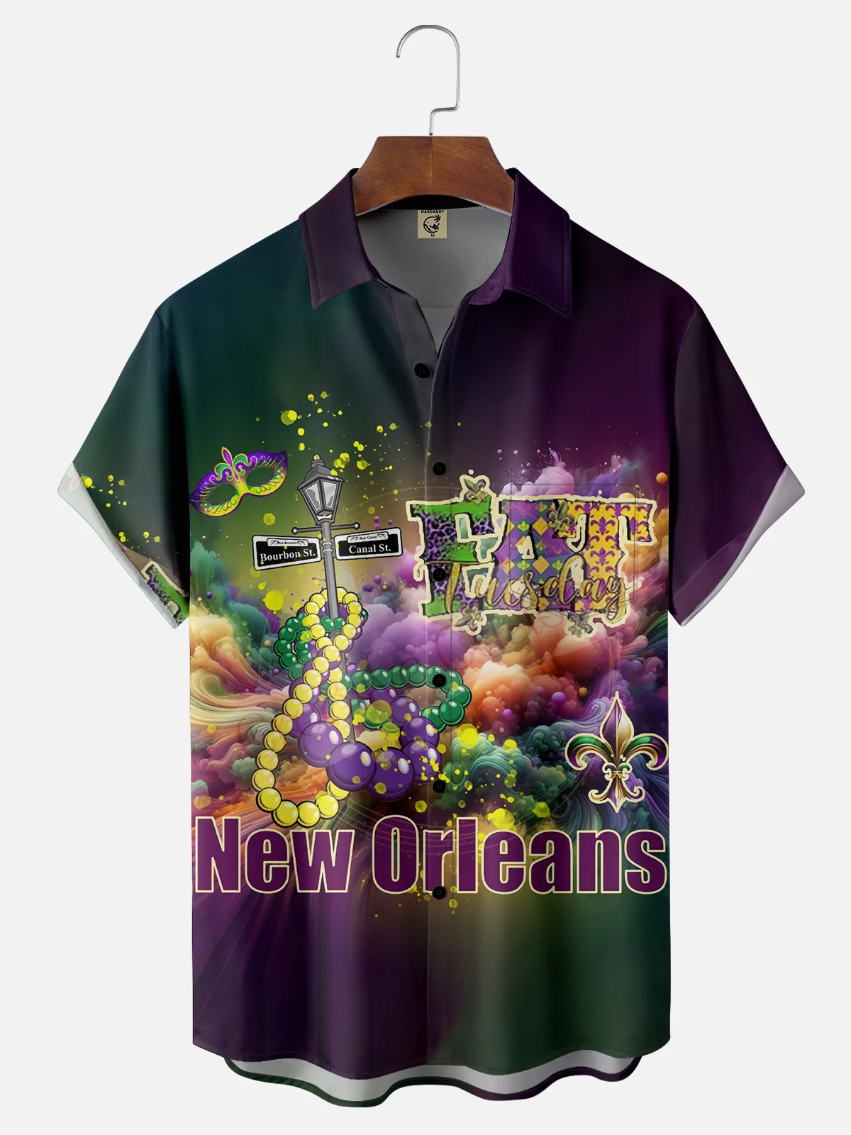 Moisture-wicking Mardi Gras Mask Beads Gradient Colors Chest Pocket Casual Shirt