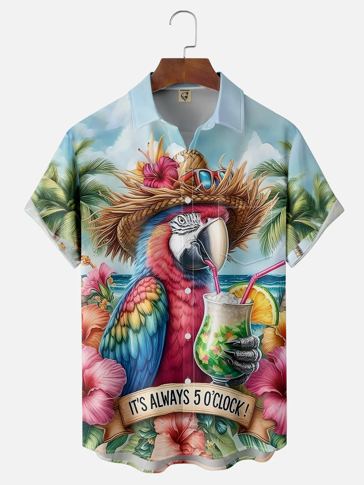 Moisture-wicking Parrot Art "It's Always 5 O'clock" Chest Pocket Hawaiian Shirt