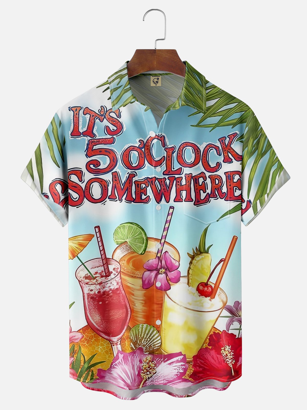 Moisture-wicking Cocktail "It's 5 O'clock" Chest Pocket Hawaiian Shirt