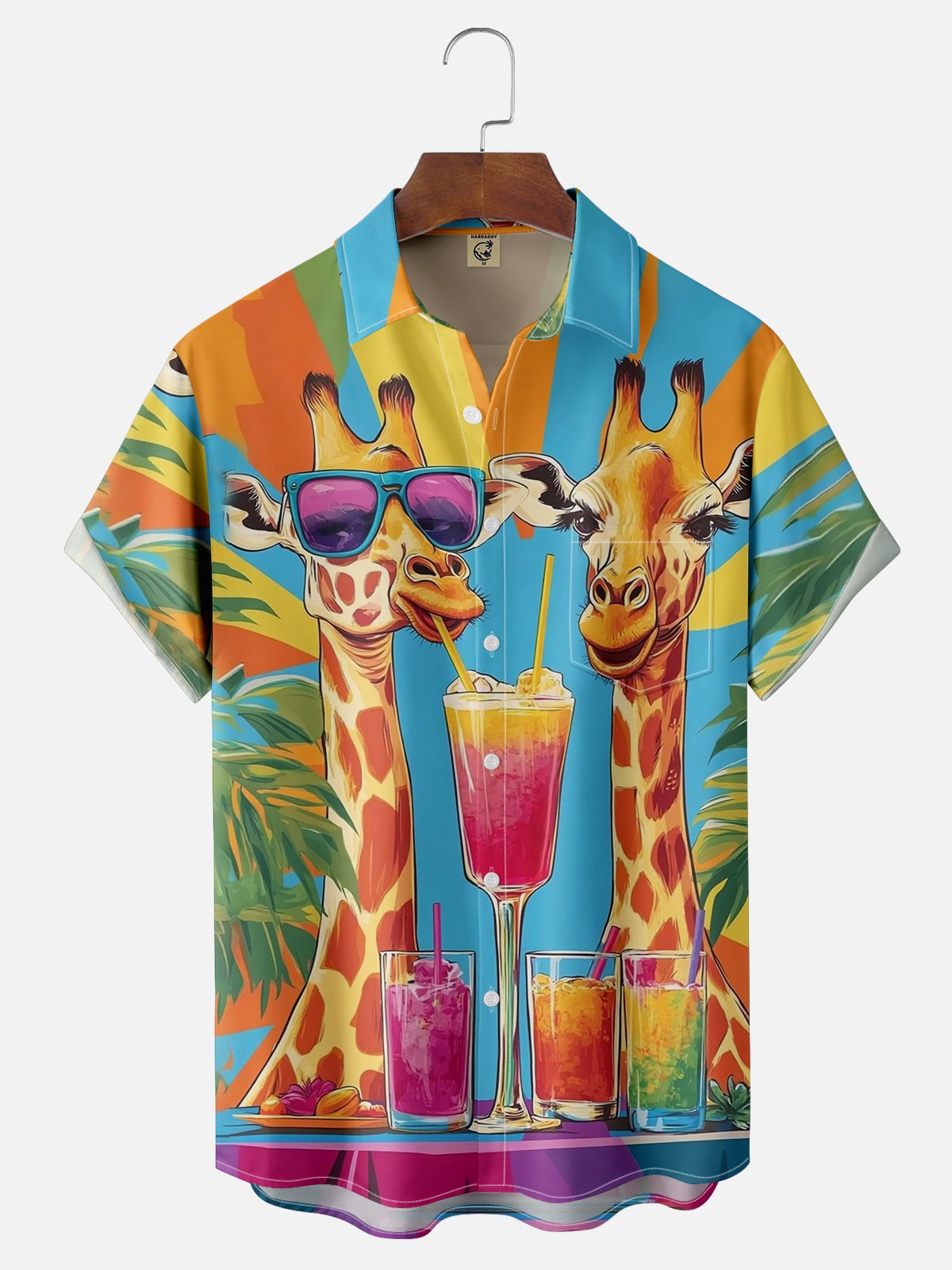 Moisture-wicking Giraffe Drinking Cocktail Art Chest Pocket Hawaiian Shirt