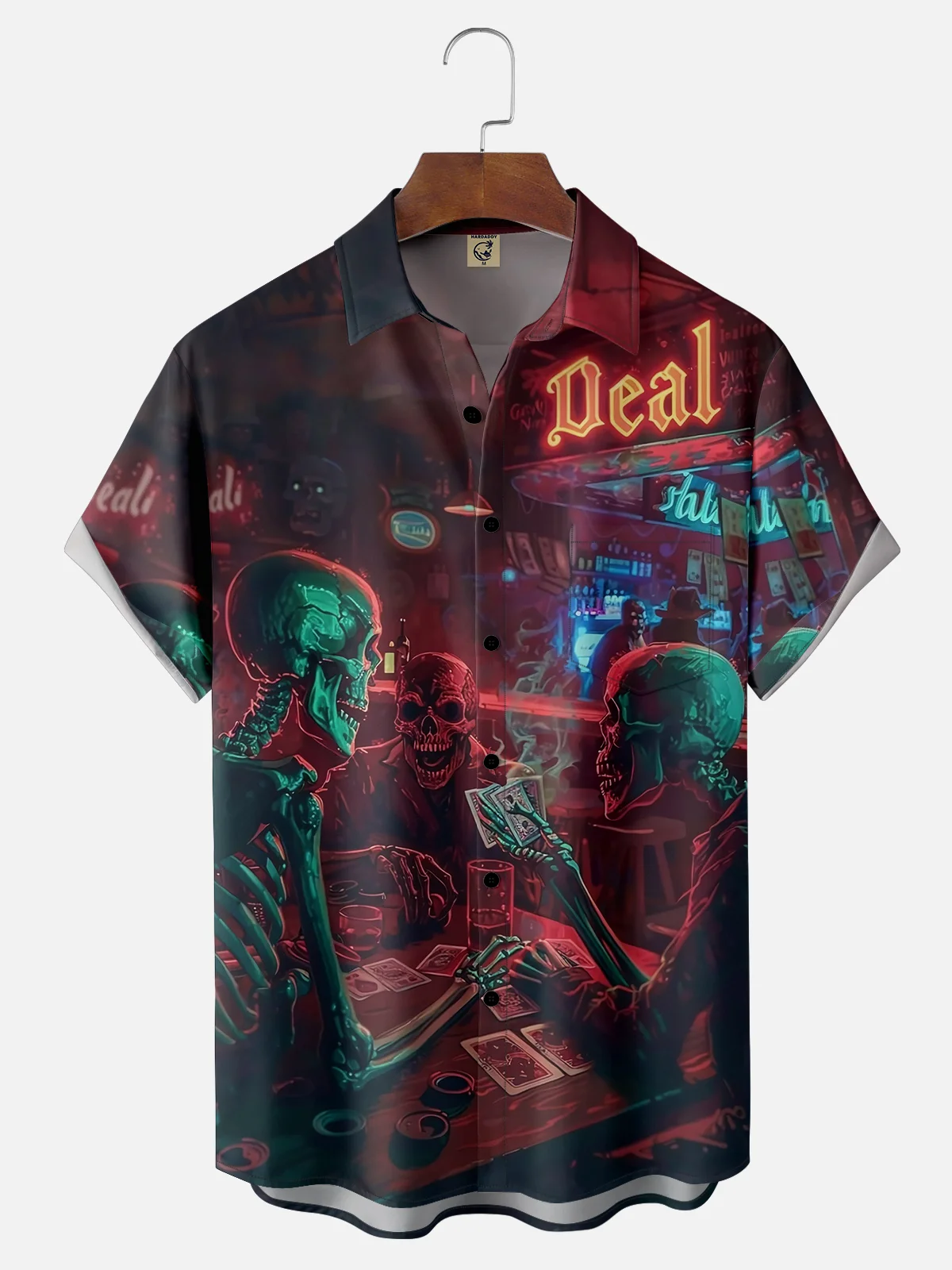 Moisture-wicking Skull Art Playing Poker Chest Pocket Hawaiian Shirt