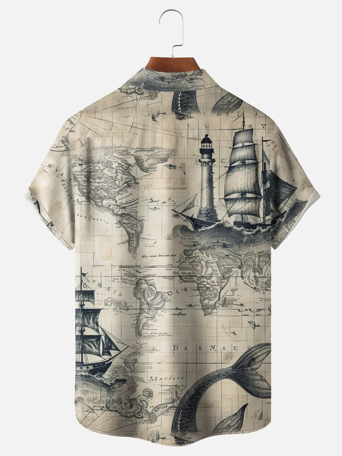 Moisture-wicking Ocean Map Sailboat Lighthouse Chest Pocket Casual Shirt