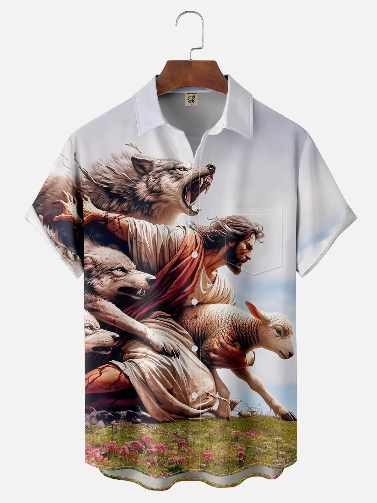 Moisture-wicking Jesus Sheep Wolf Chest Pocket Casual Shirt