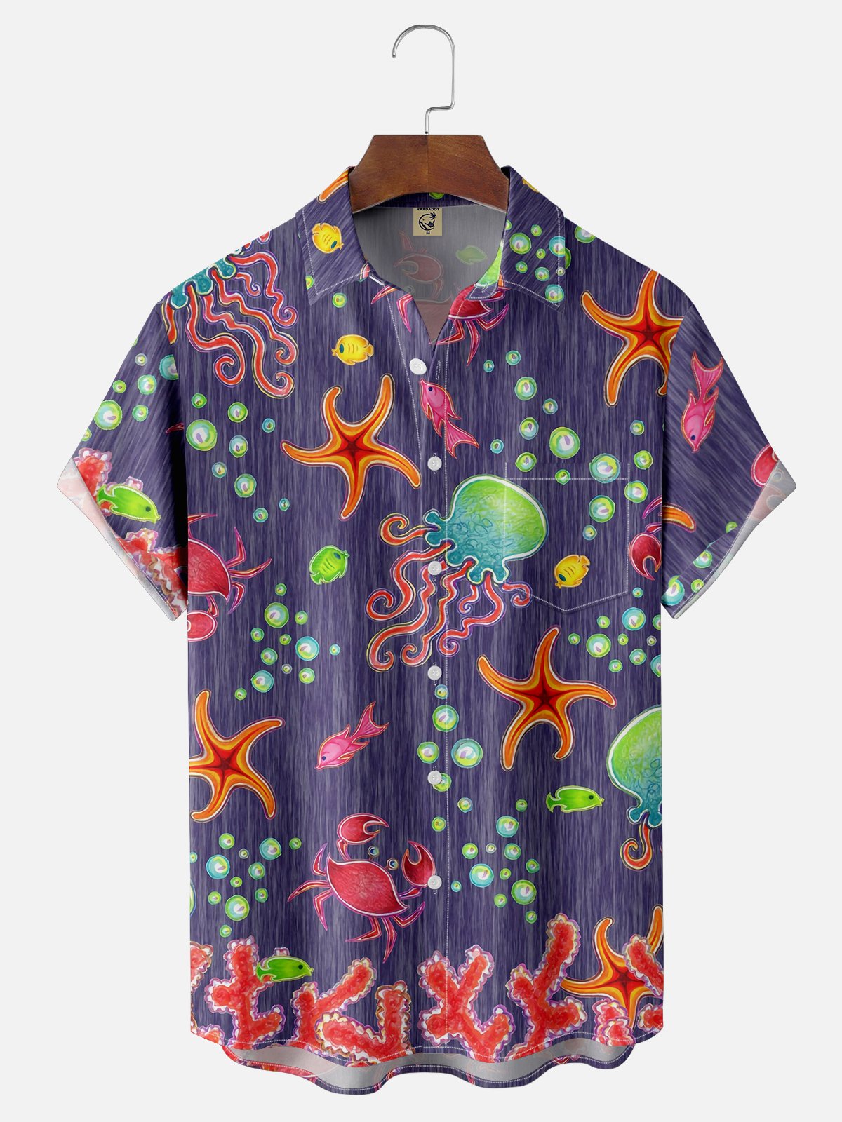 Moisture-wicking Starfish Octopus Coral Crab Chest Pocket Hawaiian Shirt