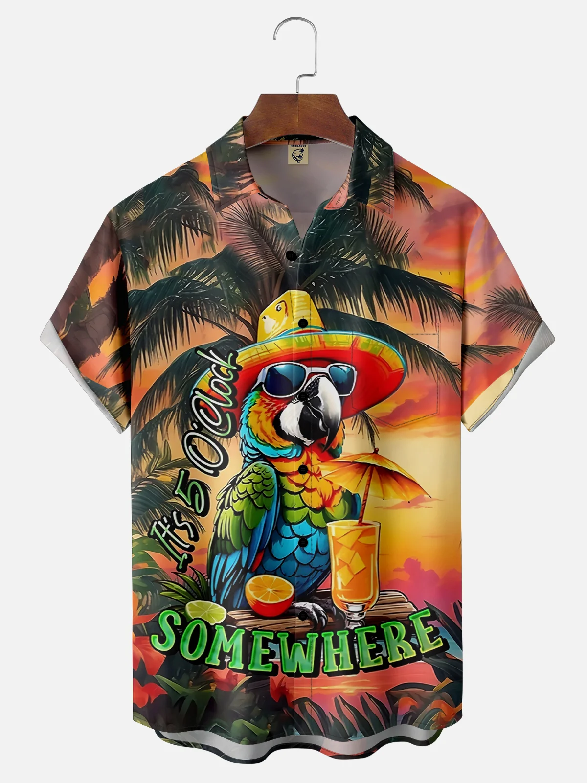 Moisture-wicking Parrot Cocktail "It's 5 O'clock" Chest Pocket Hawaiian Shirt