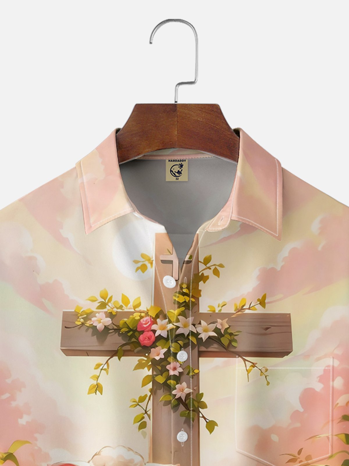 Moisture-wicking A Joyful Easter Sheep Cross Flowers Chest Pocket Casual Shirt