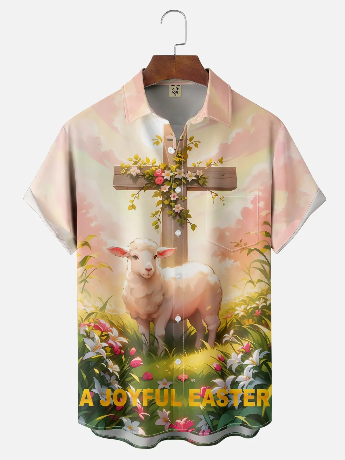 Moisture-wicking A Joyful Easter Sheep Cross Flowers Chest Pocket Casual Shirt