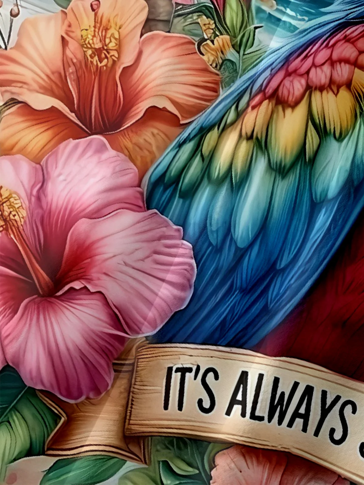 Moisture-wicking Parrot Art "It's Always 5 O'clock" Chest Pocket Hawaiian Shirt