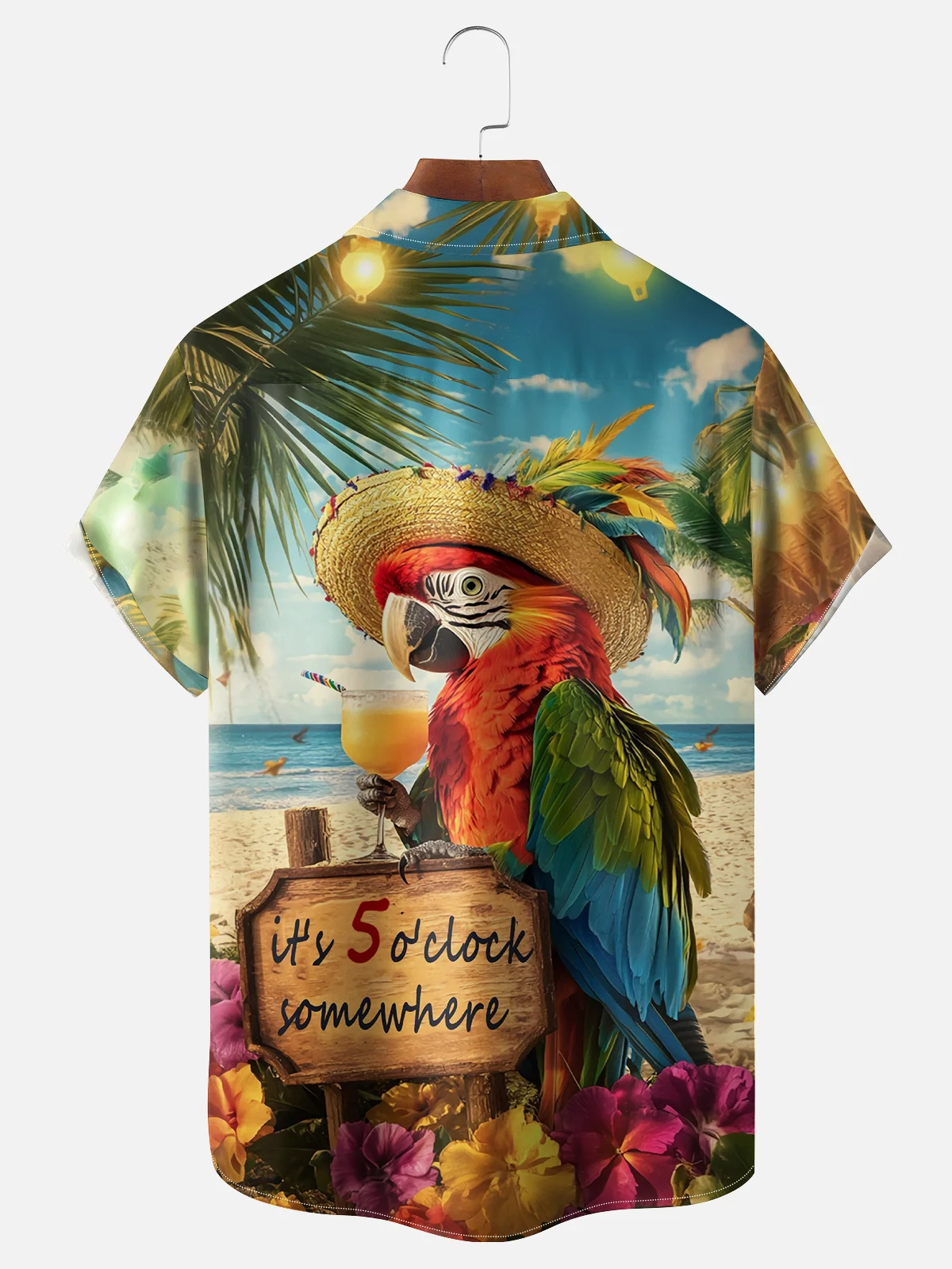 Moisture-wicking Parrot Cocktail "It's 5 o'clock" Chest Pocket Hawaiian Shirt