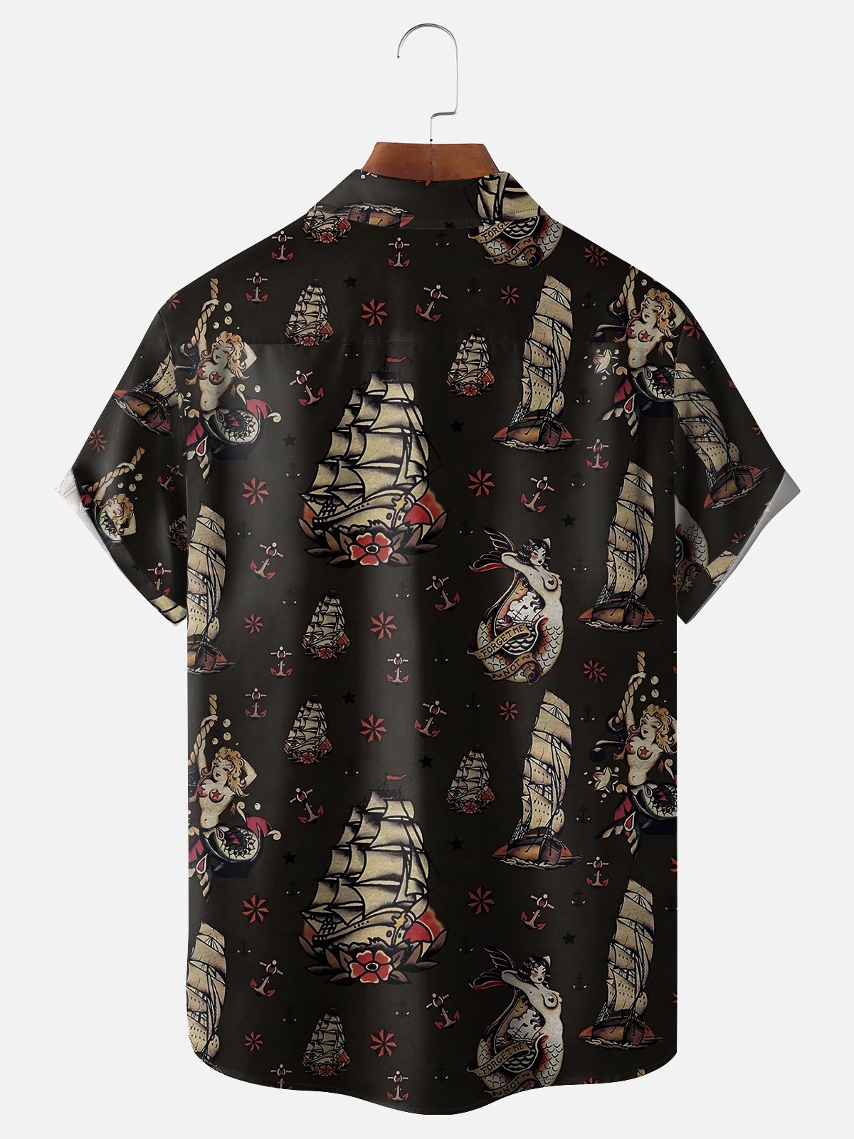 Moisture-wicking Sailing Mermaid Anchor Tattoo Chest Pocket Casual Shirt