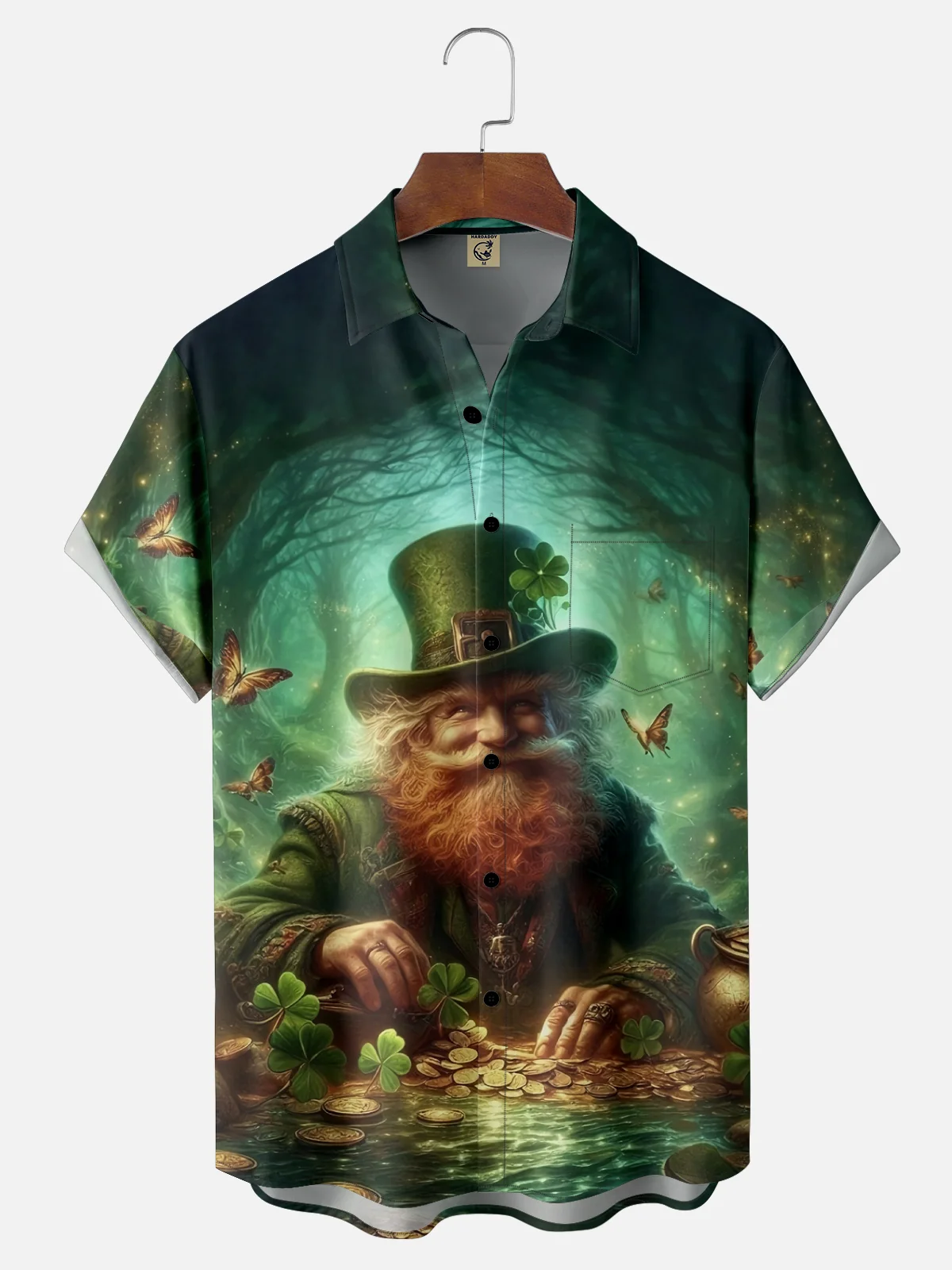 Moisture-wicking St. Patrick's Day Gnome Four Leaf Clover Gold Coin Chest Pocket Casual Shirt