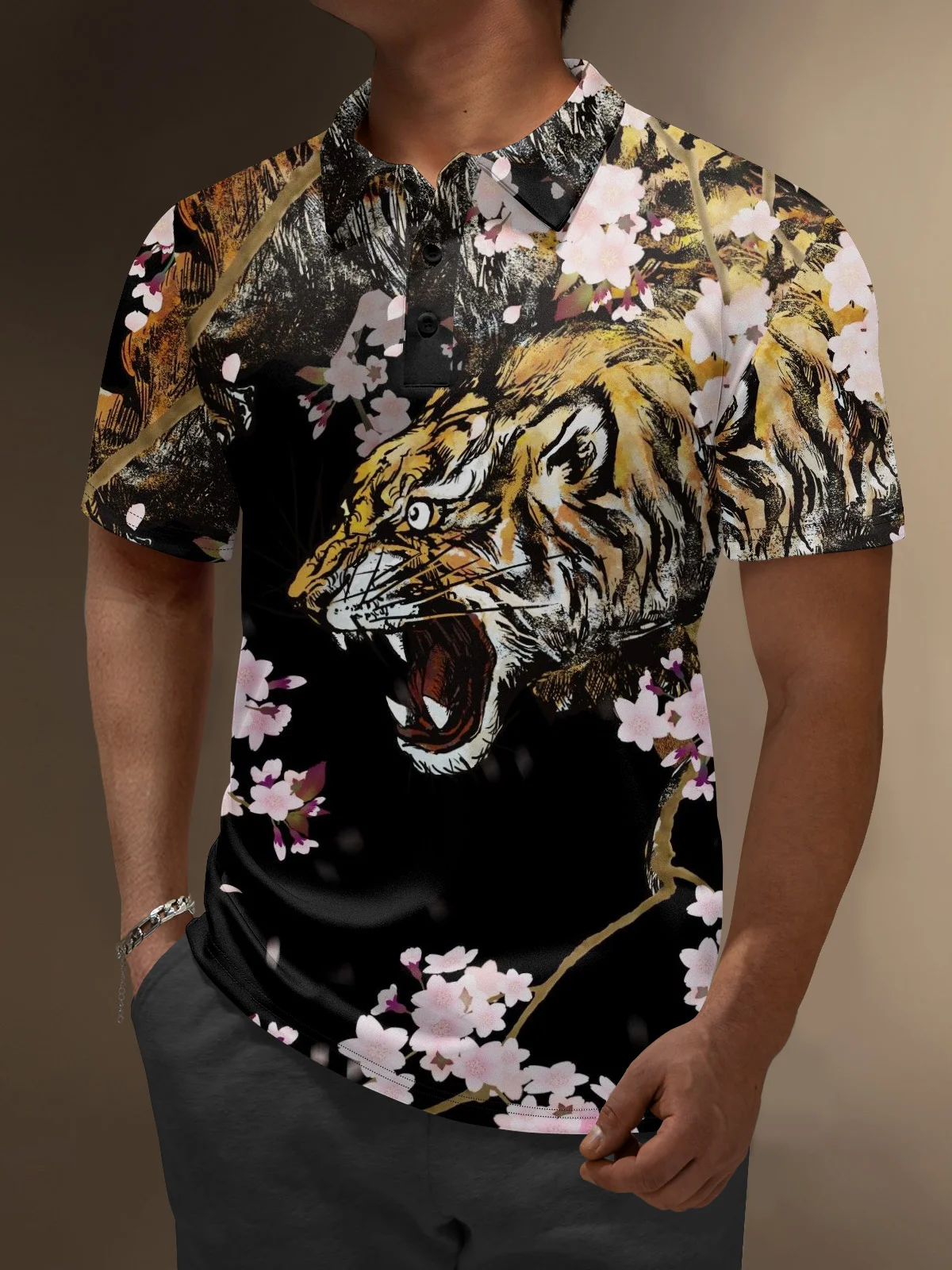 Moisture Wicking Tiger Cherry Blossom Golf Polo