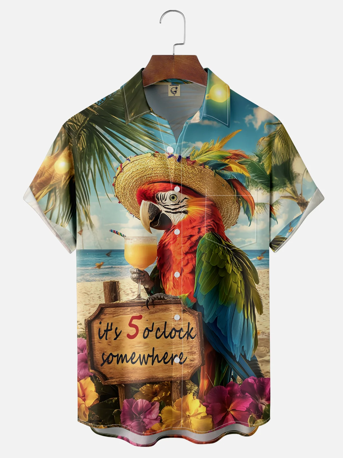 Moisture-wicking Parrot Cocktail "It's 5 o'clock" Chest Pocket Hawaiian Shirt