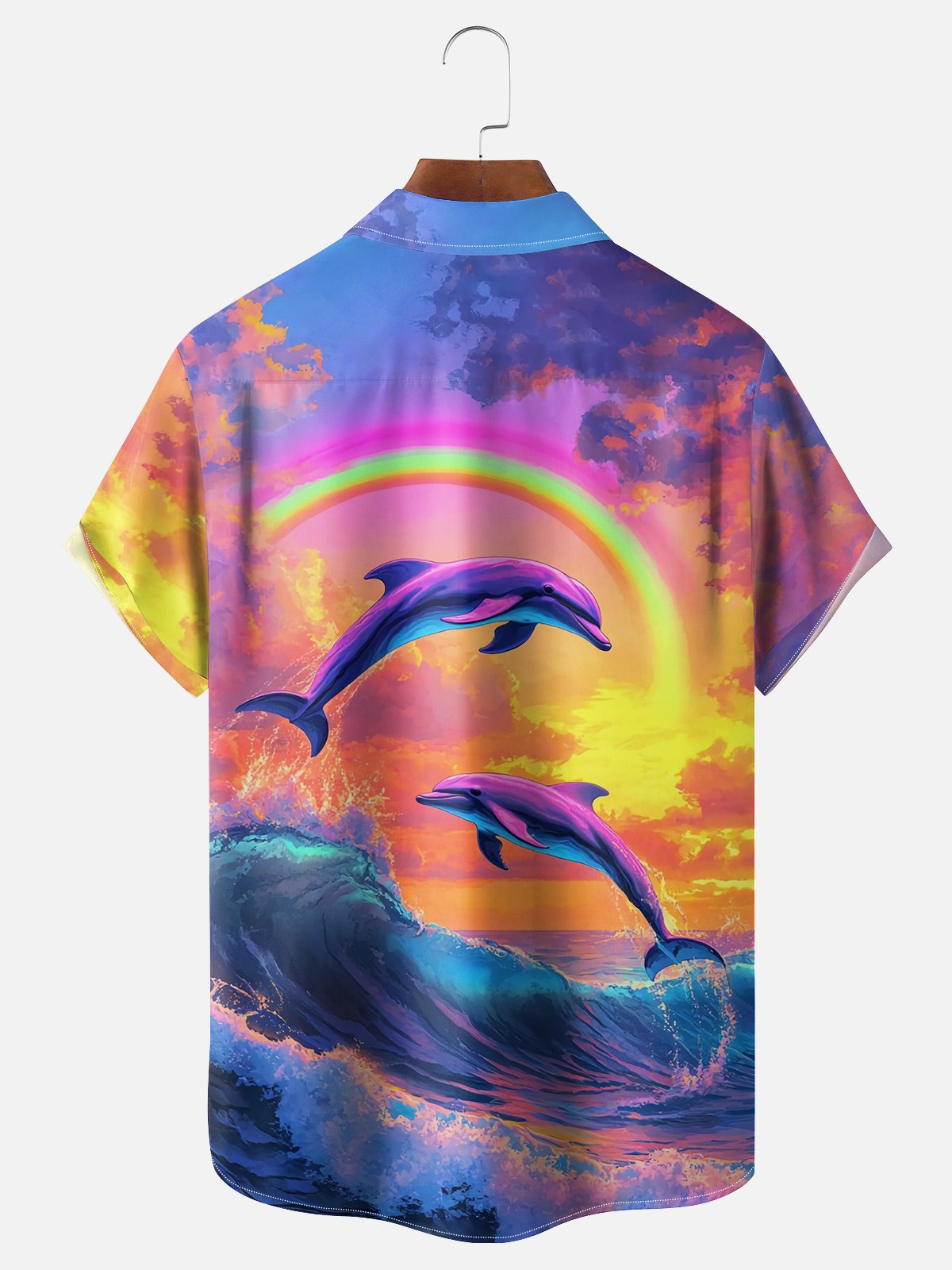 Moisture-wicking Dolphin Rainbow Ocean Chest Pocket Casual Shirt