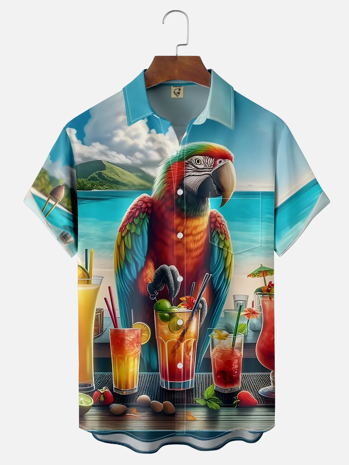 Moisture-wicking Beach Parrot With Cocktail Chest Pocket Hawaiian Shirt