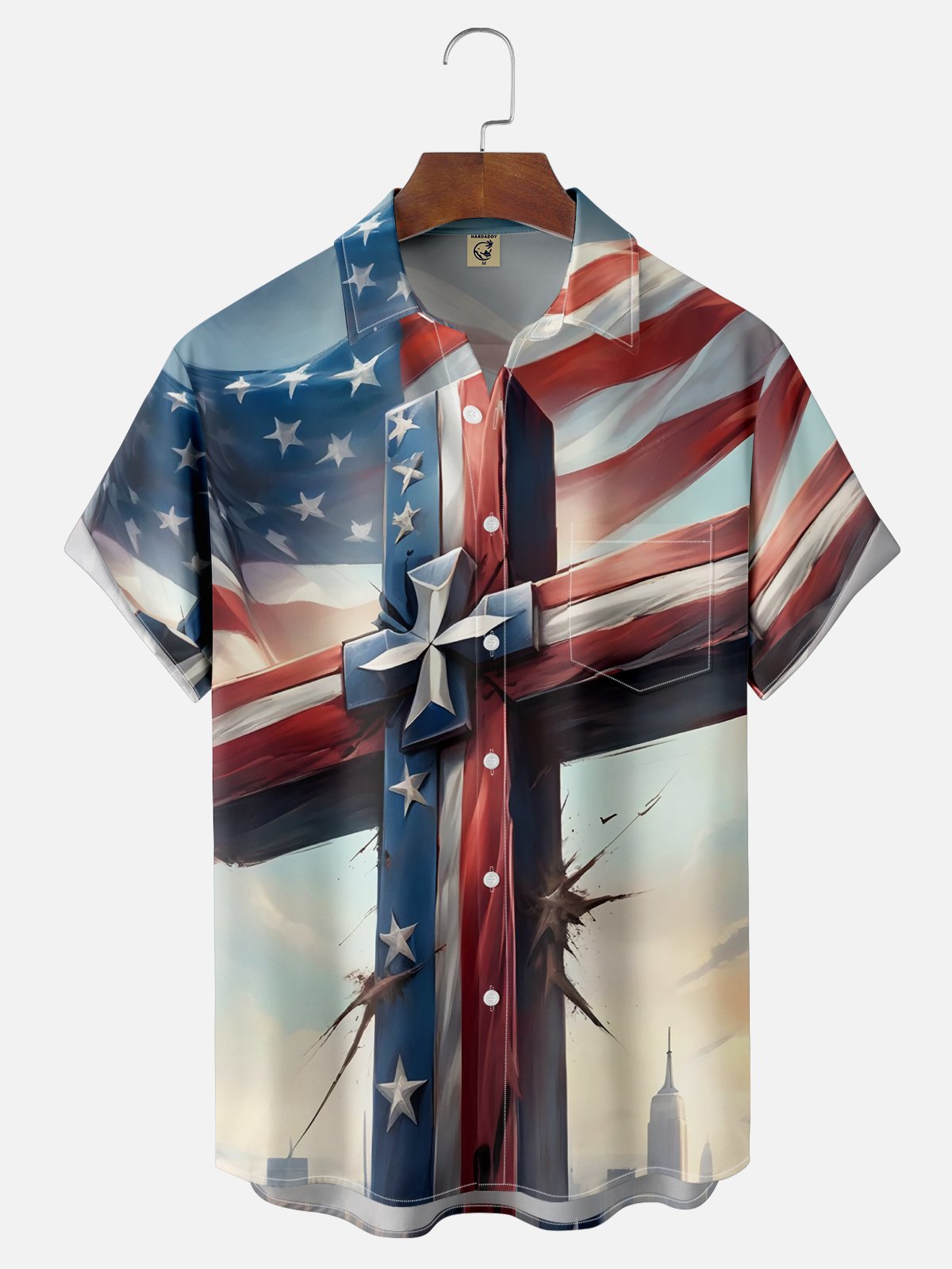 Moisture-wicking God Bless America Cross Chest Pocket Casual Shirt