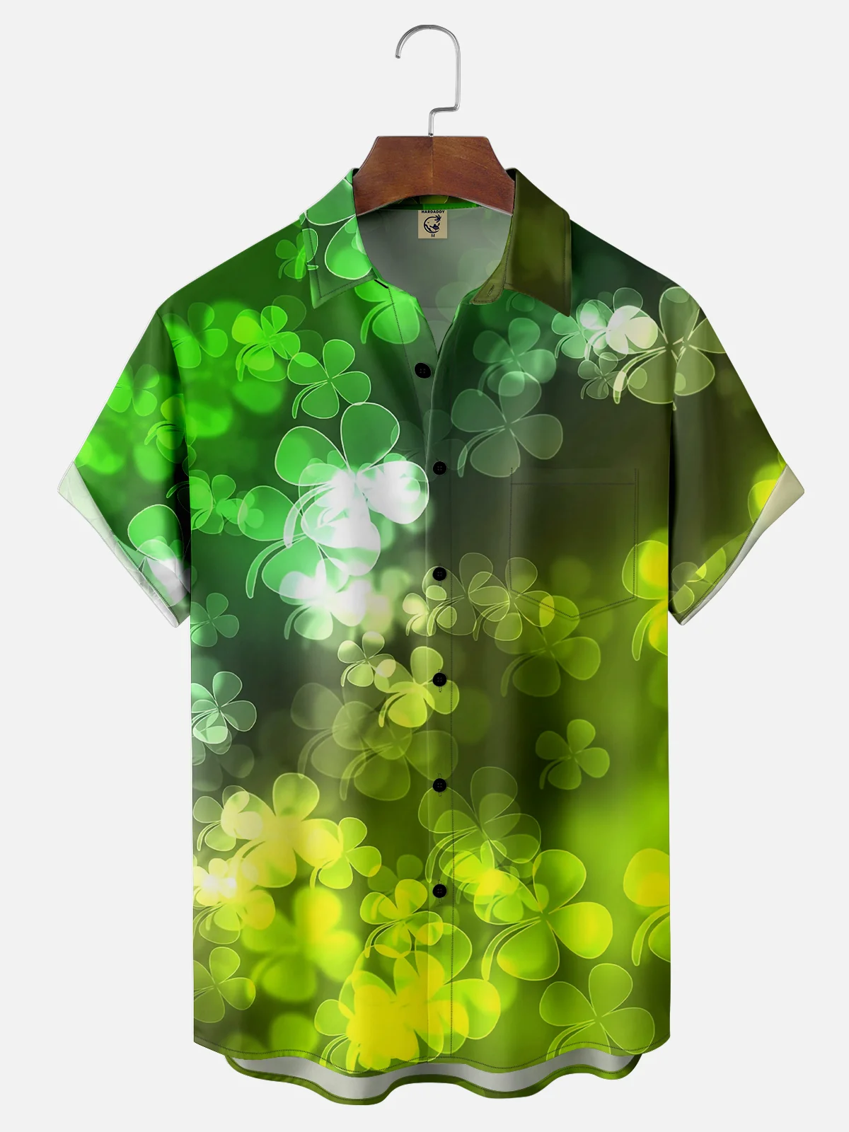 Moisture-wicking St. Patrick's Day Four Leaf Clover Gradient Color Chest Pocket Casual Shirt