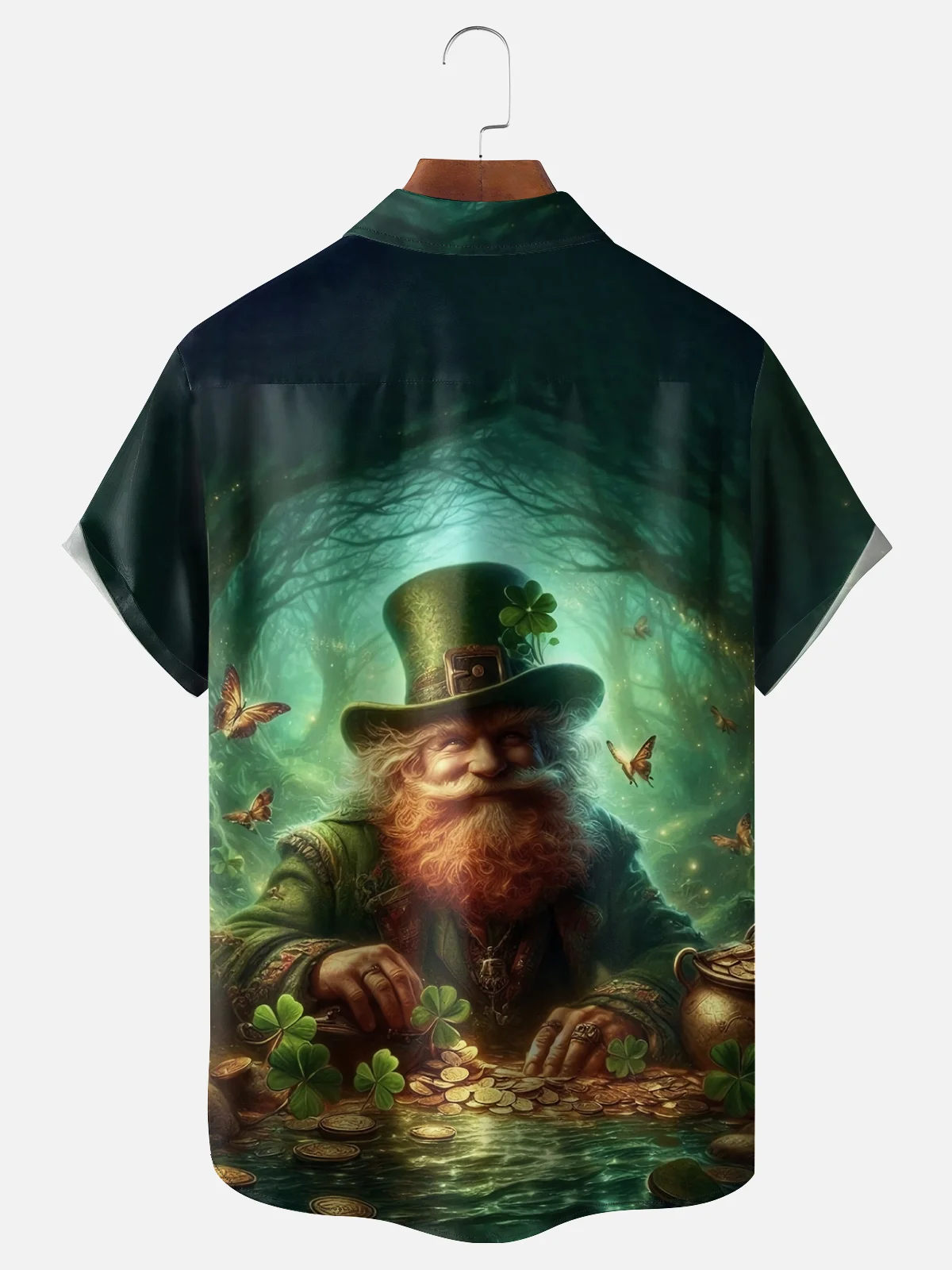 Moisture-wicking St. Patrick's Day Gnome Four Leaf Clover Gold Coin Chest Pocket Casual Shirt