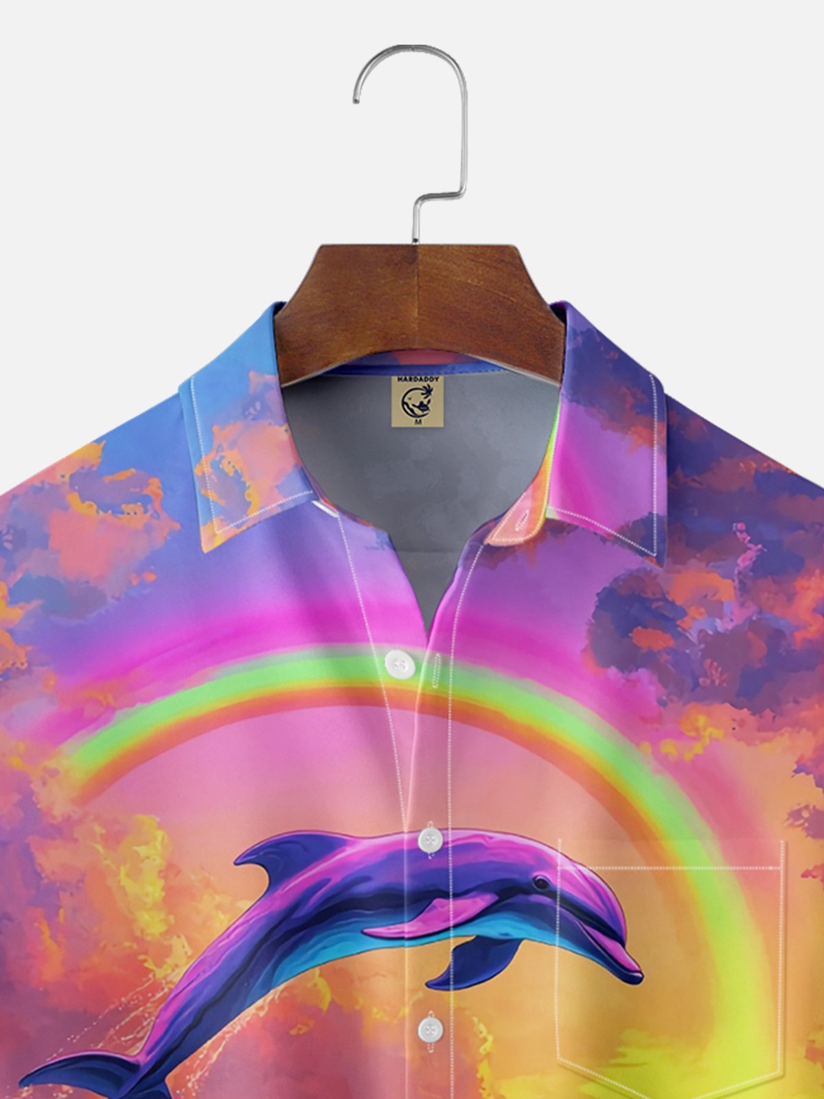 Moisture-wicking Dolphin Rainbow Ocean Chest Pocket Casual Shirt