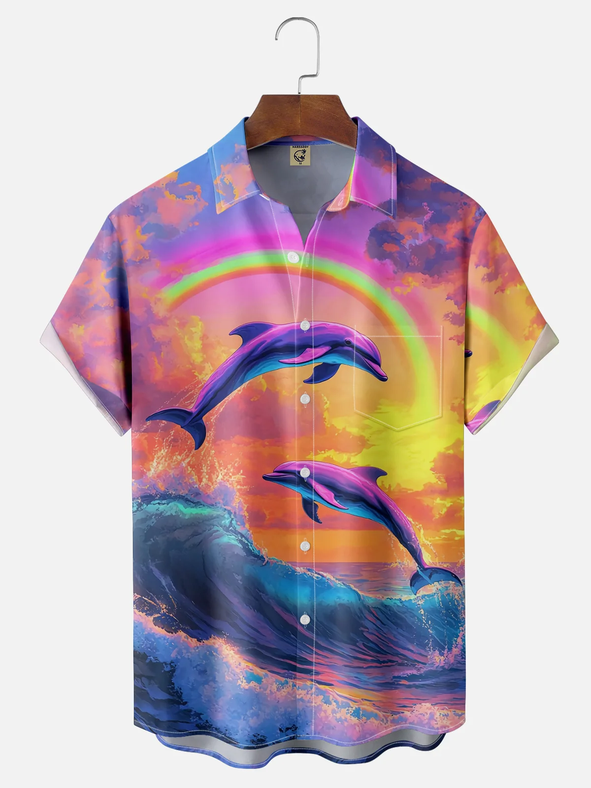 Moisture-wicking Dolphin Rainbow Ocean Chest Pocket Casual Shirt