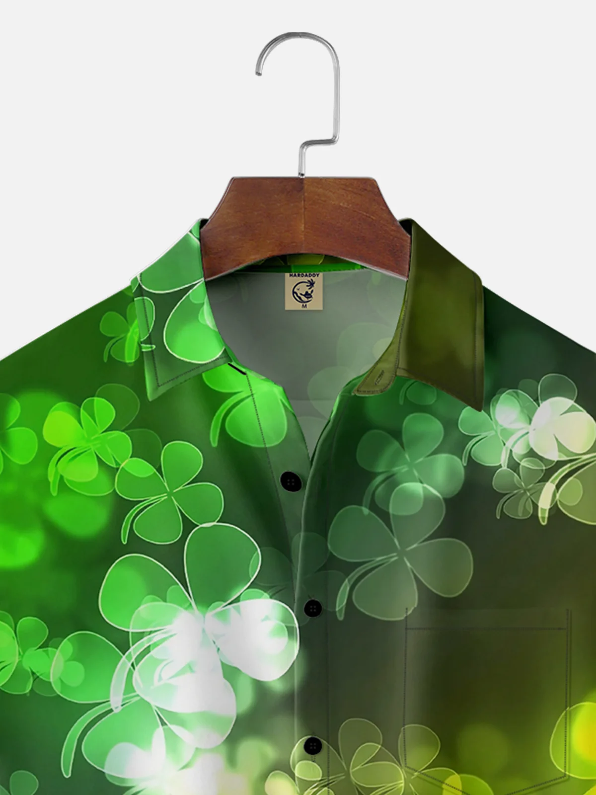 Moisture-wicking St. Patrick's Day Four Leaf Clover Gradient Color Chest Pocket Casual Shirt