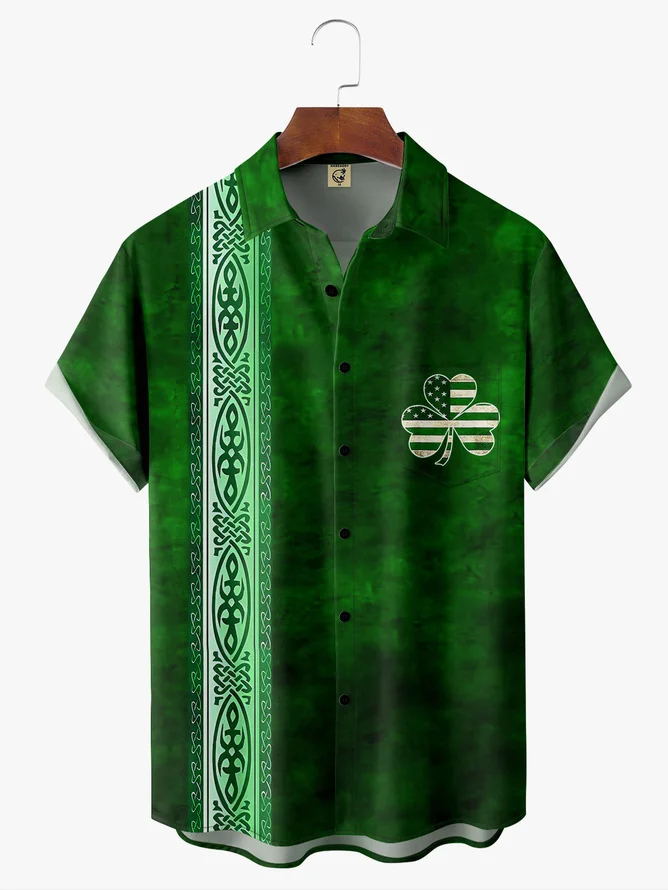 Tall Size Moisture-wicking St Patrick‘s Day Shamrock Chest Pocket Bowling Shirt