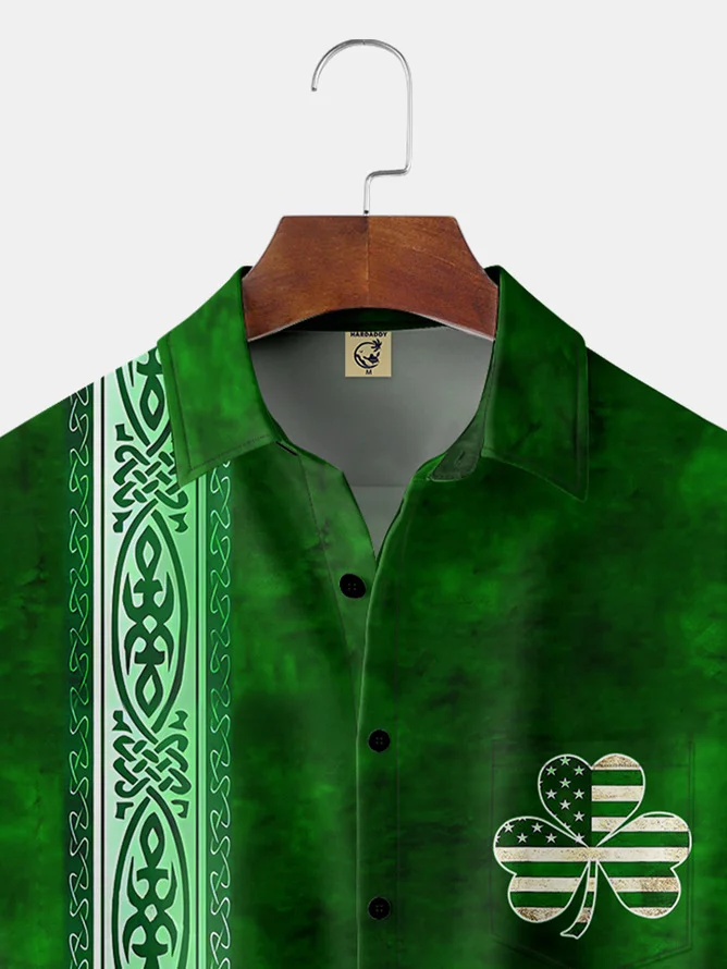 Tall Size Moisture-wicking St Patrick‘s Day Shamrock Chest Pocket Bowling Shirt