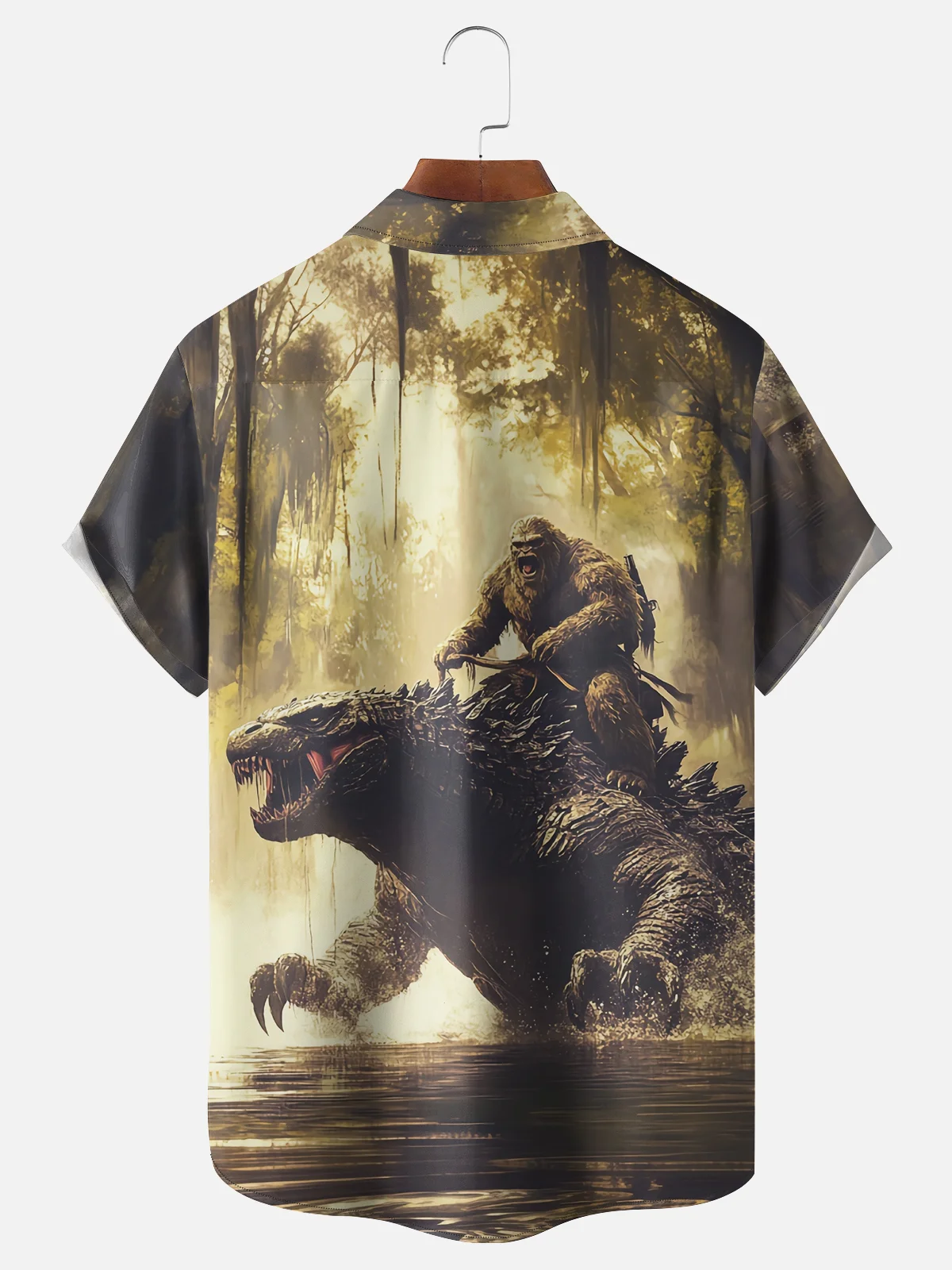 Moisture-wicking Bigfoot vs. Godzilla Chest Pocket Hawaiian Shirt