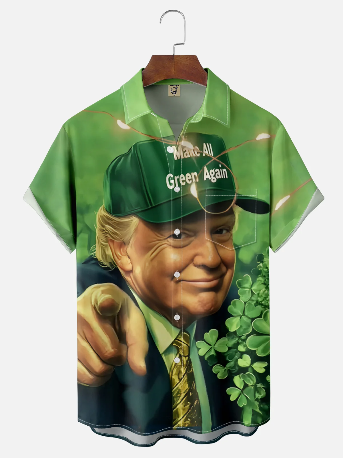 Moisture Wicking St. Patrick's Day Shamrock Trump Chest Pocket Hawaiian Shirt