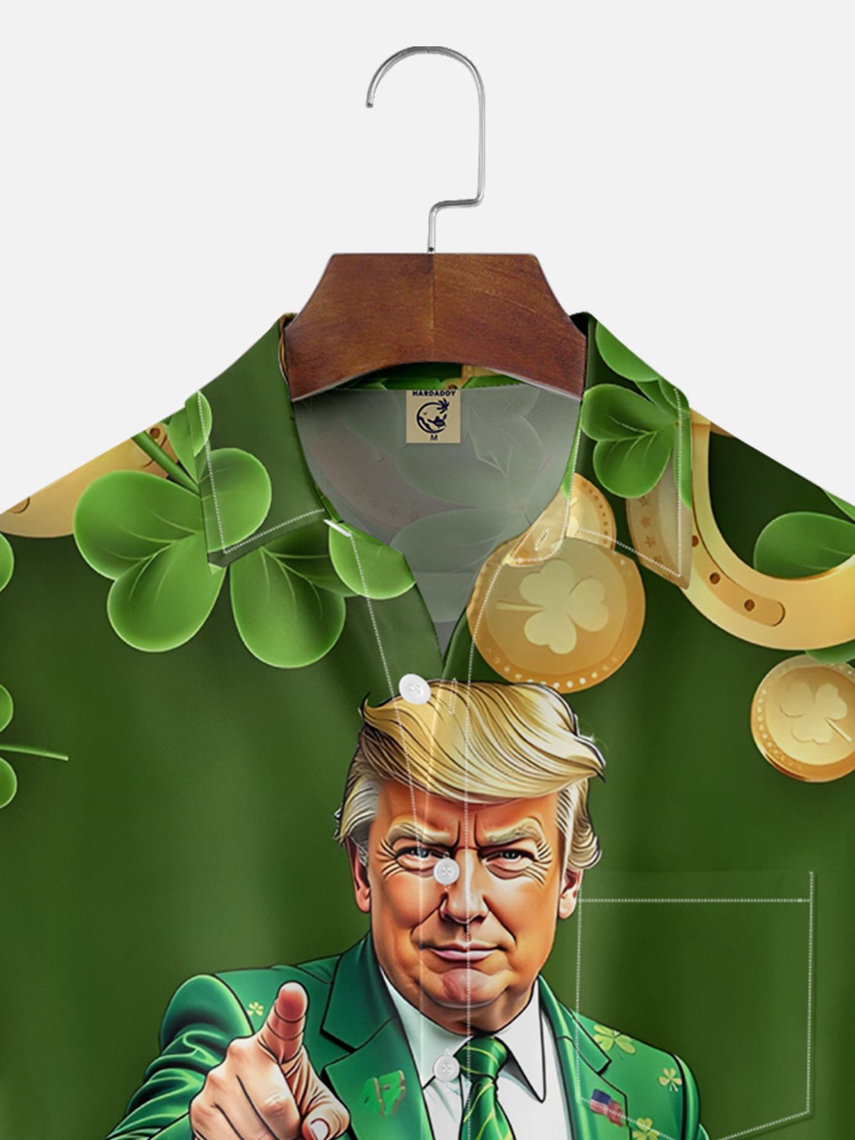 Moisture Wicking St. Patrick's Day Shamrock Trump Chest Pocket Hawaiian Shirt