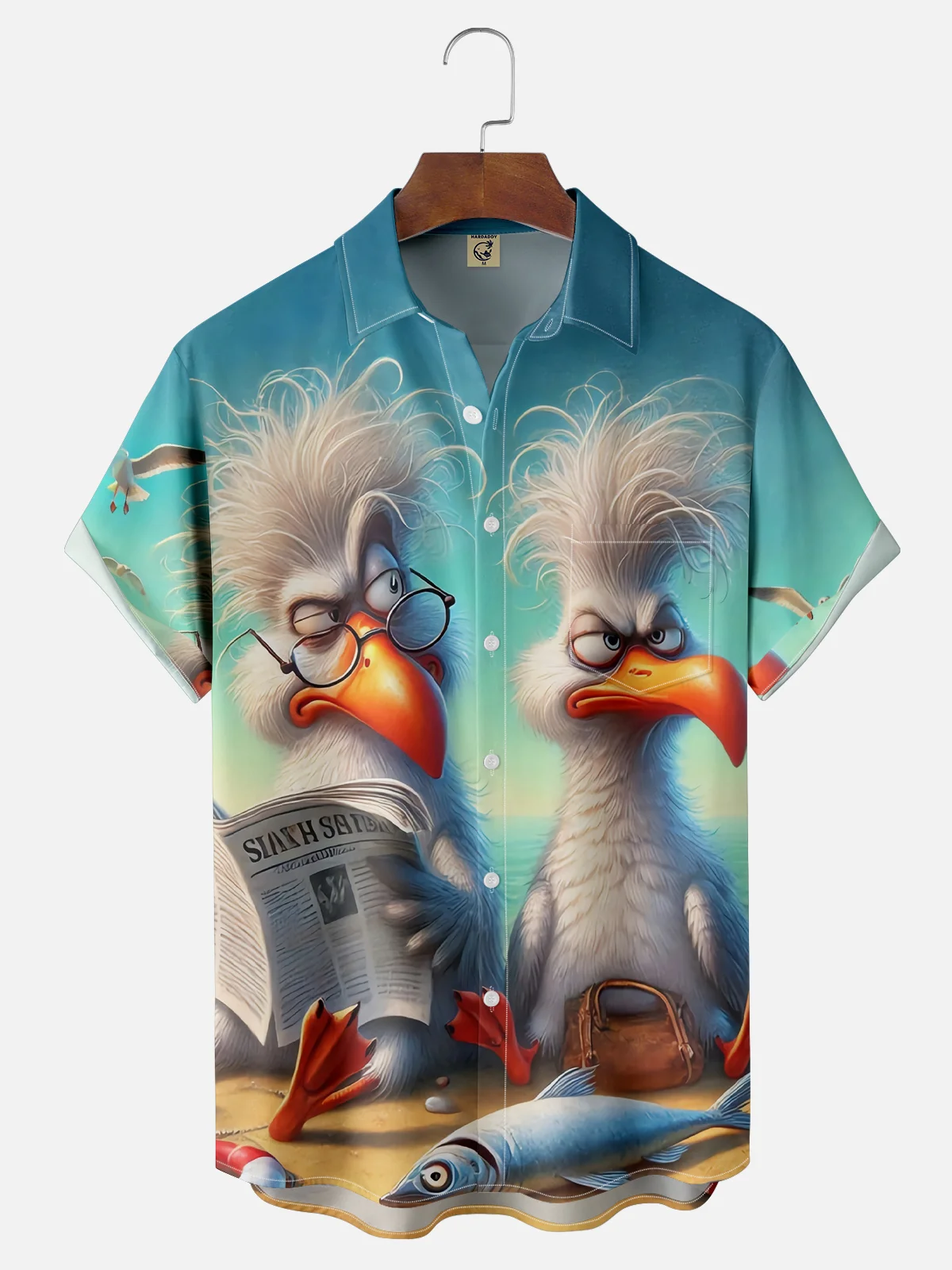 Moisture Wicking Beach Fun Seagull Chest Pocket Hawaiian Shirt
