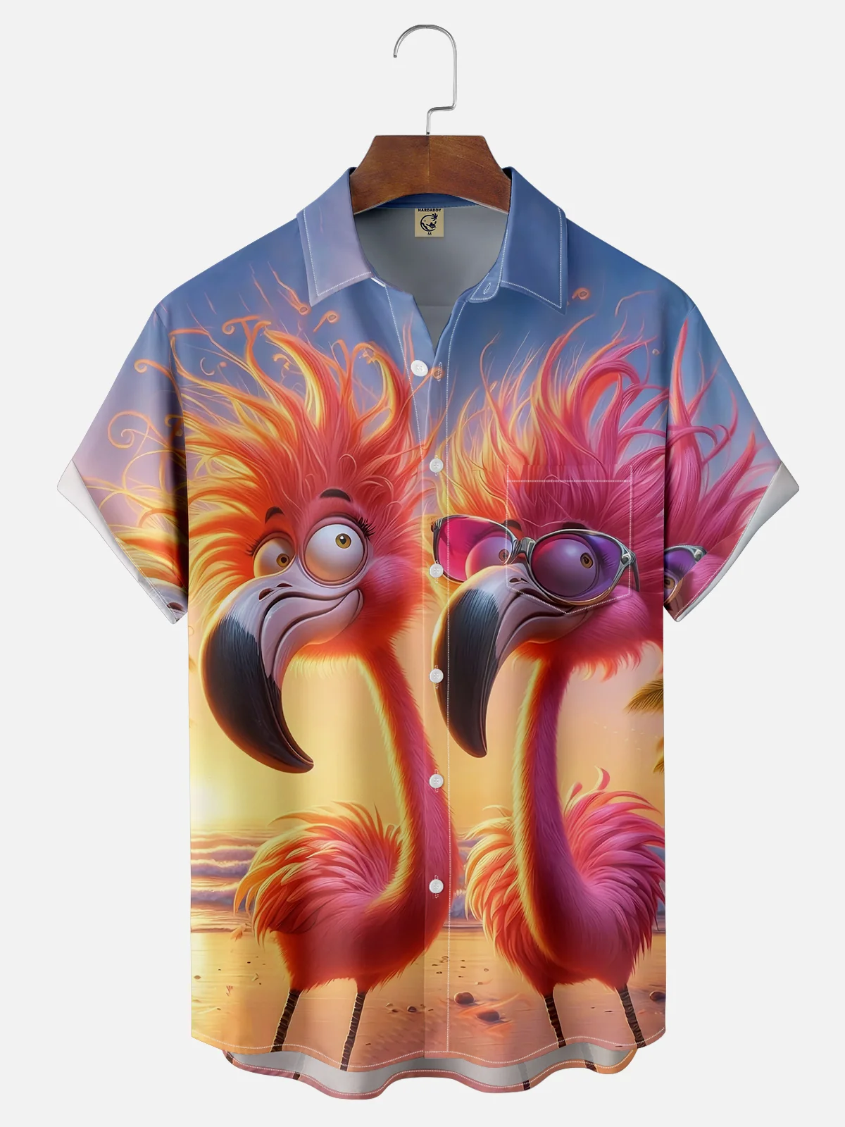 Moisture-wicking Flamingo Beach Art Chest Pocket Hawaiian Shirt